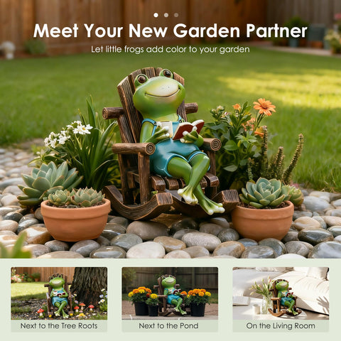 Flytime compact frog statue fits small patios and balconies with ease.