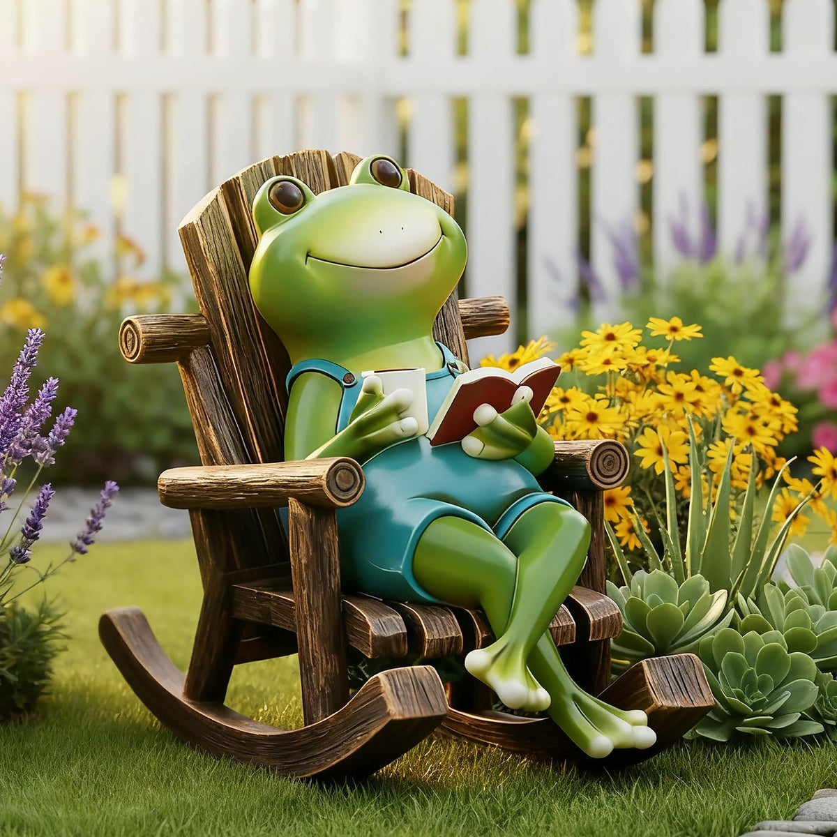 Flytime frog garden decor on a rocking chair, ideal whimsical outdoor charm for patios.