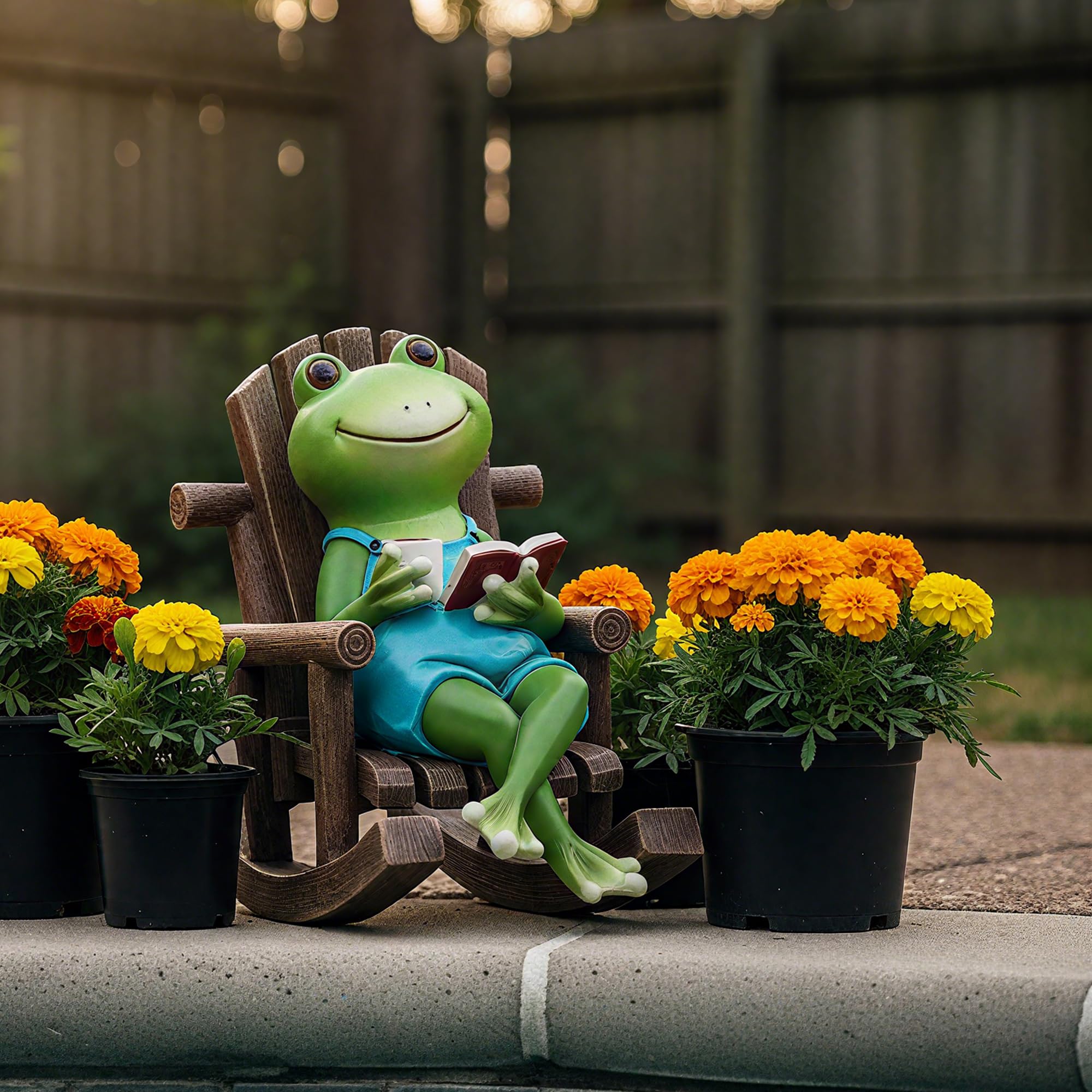 Flytime frog reading figurine outdoors, a charming focal point for patios and gardens.