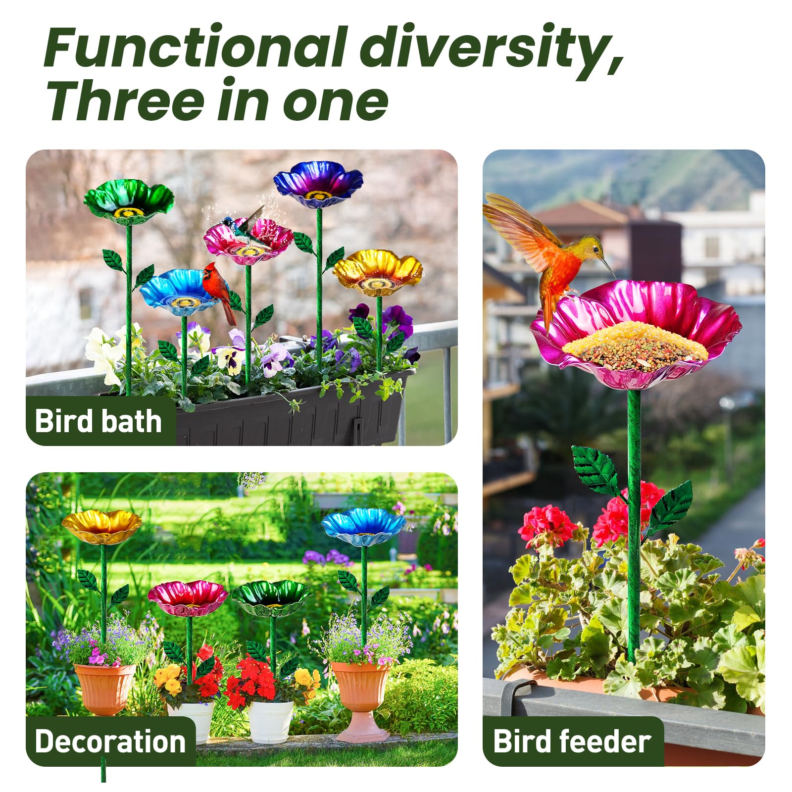 FlyVole garden stake bird bath set adds vertical interest.