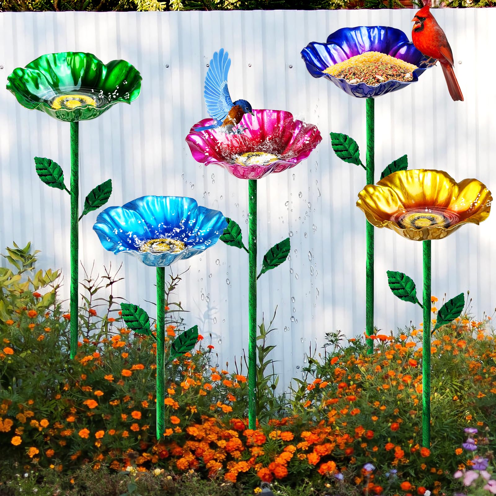 FlyVole metal bird bath with outdoor stake showcases durable garden decor that attracts birds.