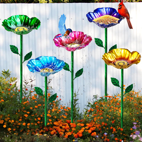 FlyVole metal bird bath with outdoor stake showcases durable garden decor that attracts birds.