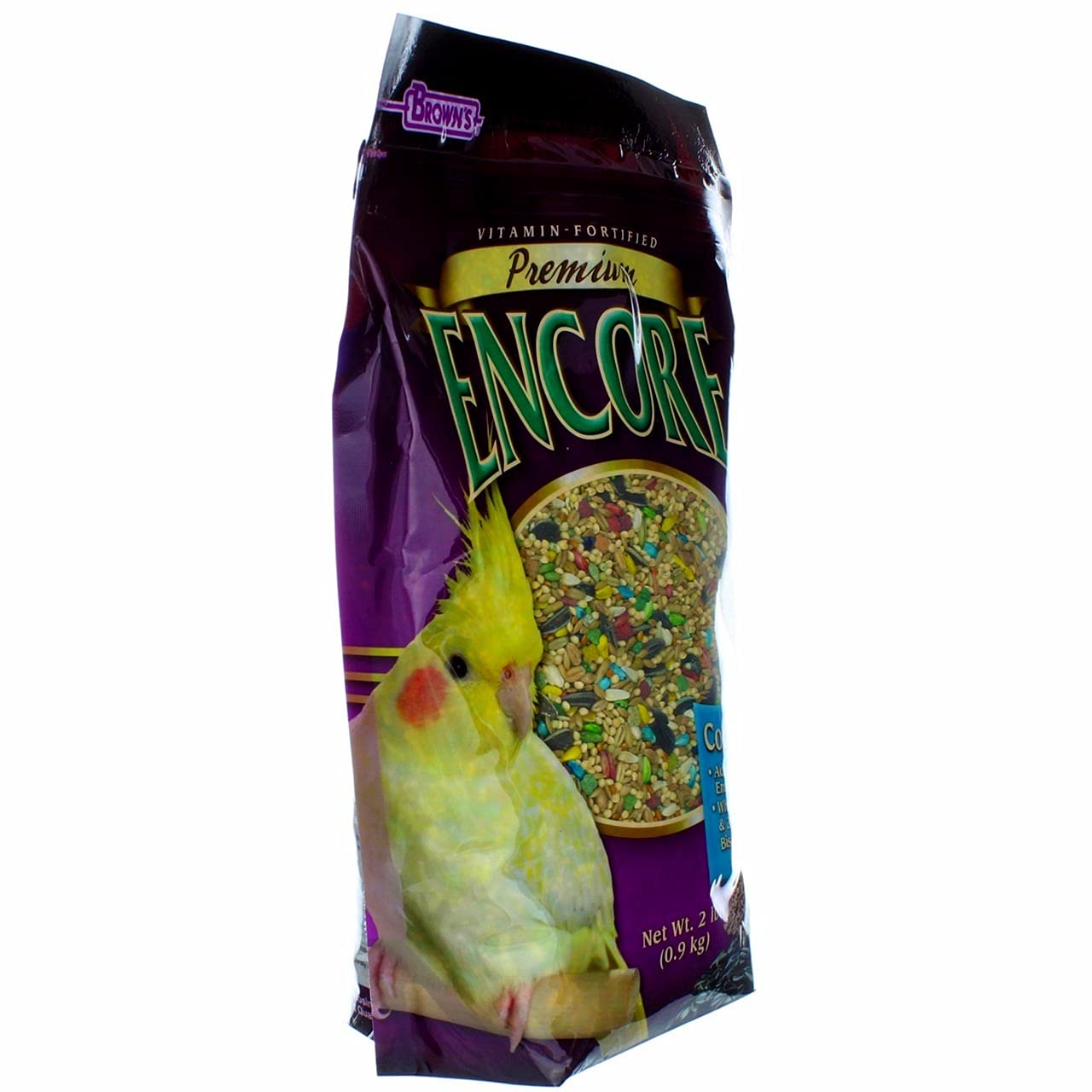 Encore cockatiel food kibble close-up showing texture and uniform pieces.