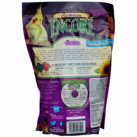F.M. Browns Wildbird Encore cockatiel food packaging label with weight information.
