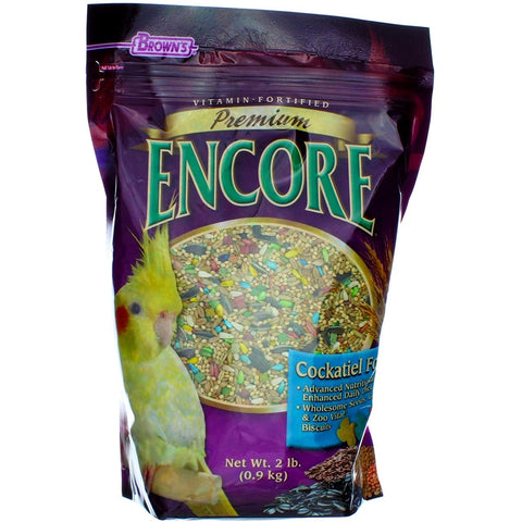 Encore cockatiel food two-pack by F.M. Browns Wildbird, product packaging close-up.