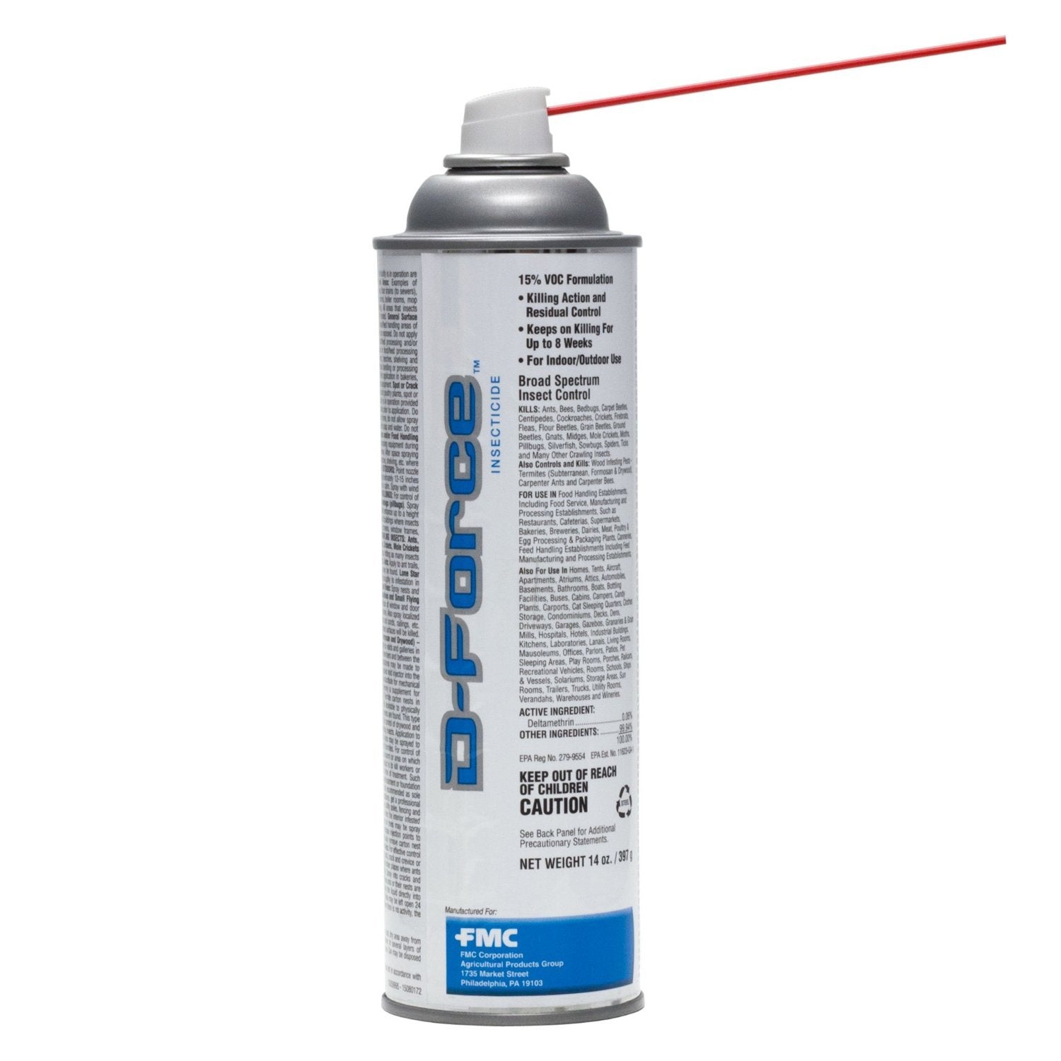 FMC D-Force insecticide bottle for indoor and outdoor use.