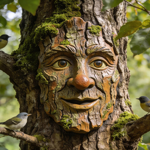 FmnyYaid old man tree-face outdoor statue enhances garden curb appeal.