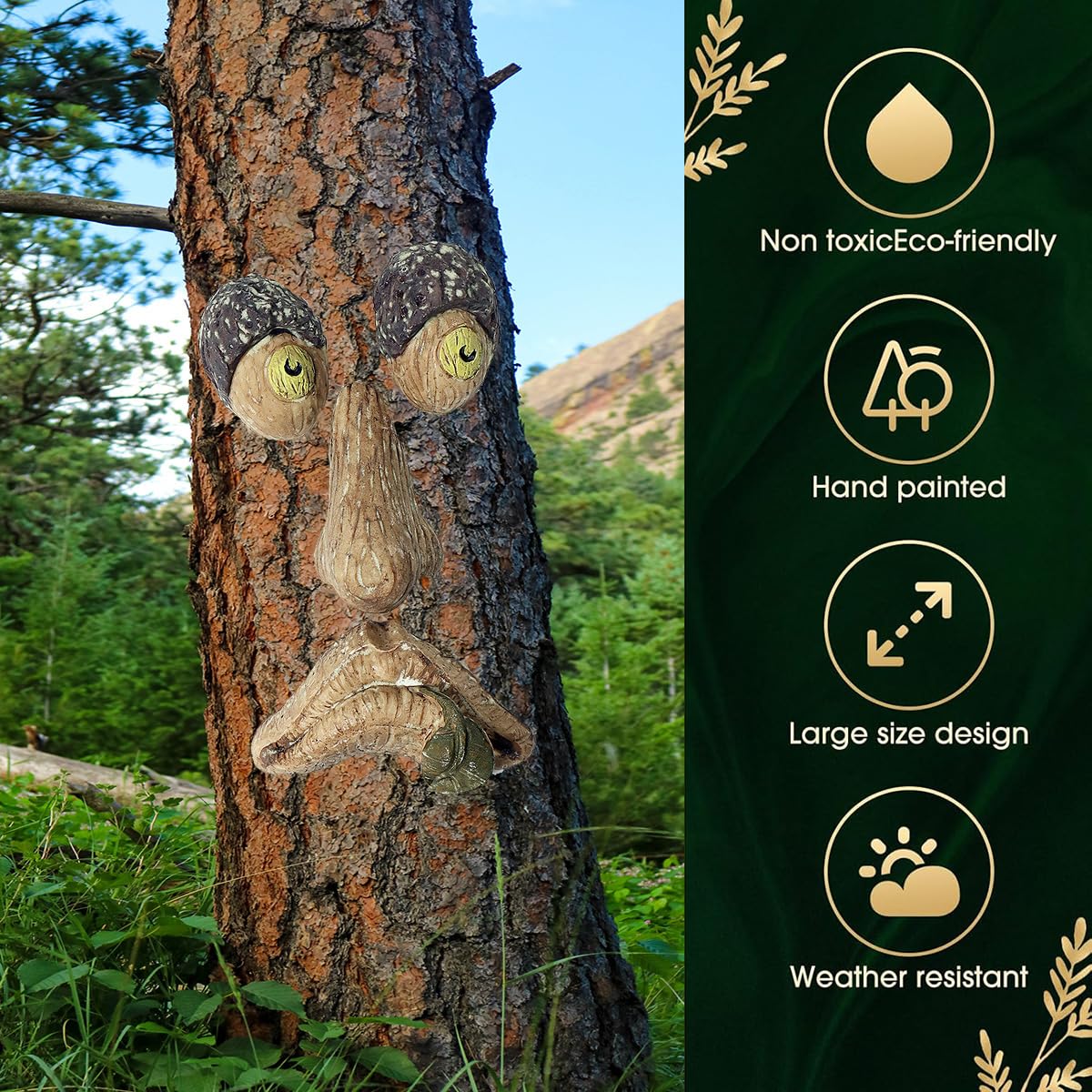 FmnyYaid old man tree hugger statue enhances yard ambiance.