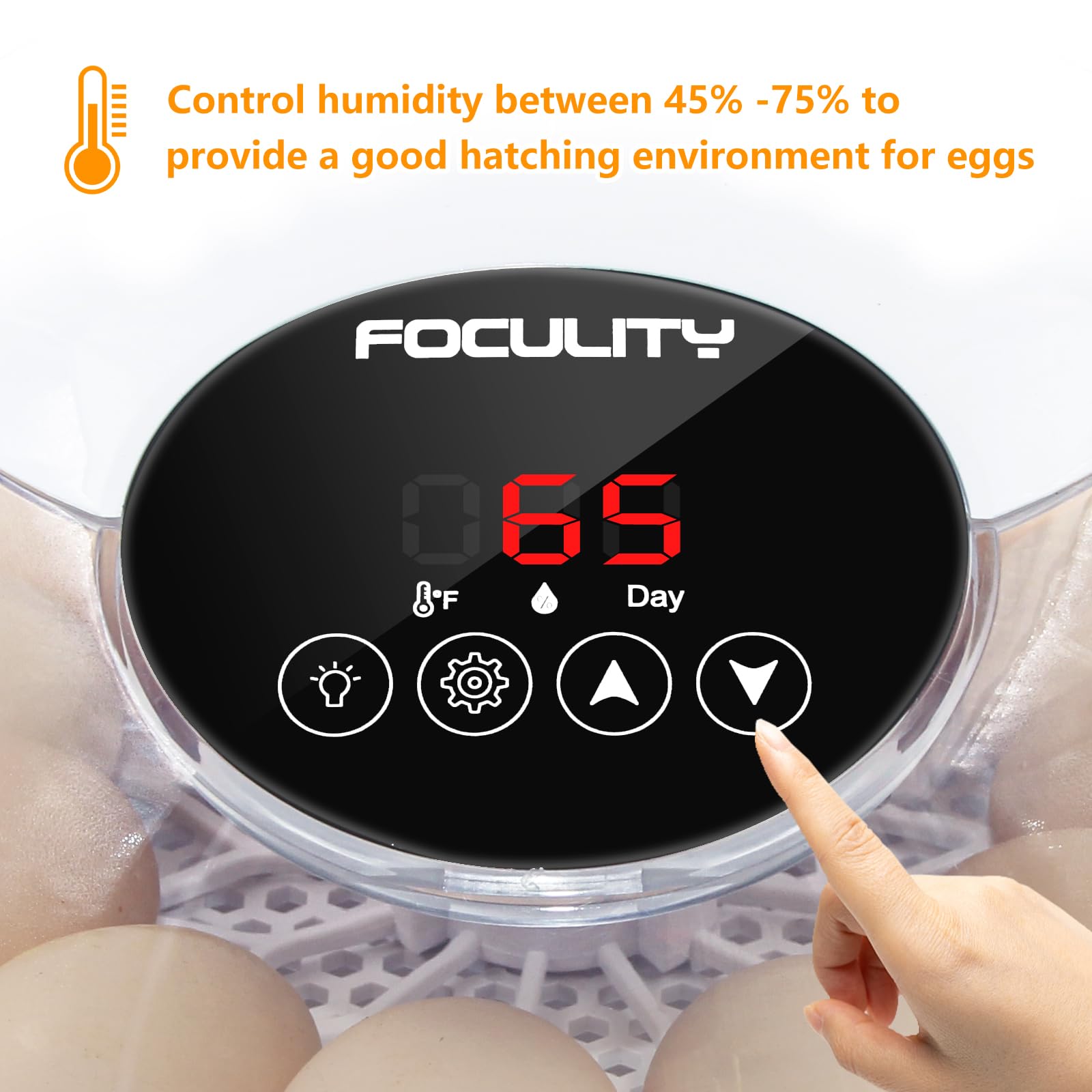 FOCULITY Egg Incubator control panel for precise day temperature and humidity management