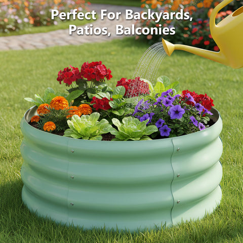 FODAHRWS black-finish galvanized bed blends with patios and lawns.