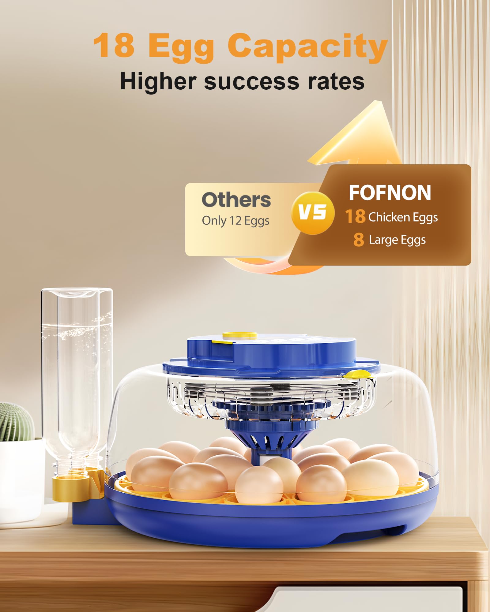 FOFNON egg incubator with digital display highlights precise temperature and humidity.