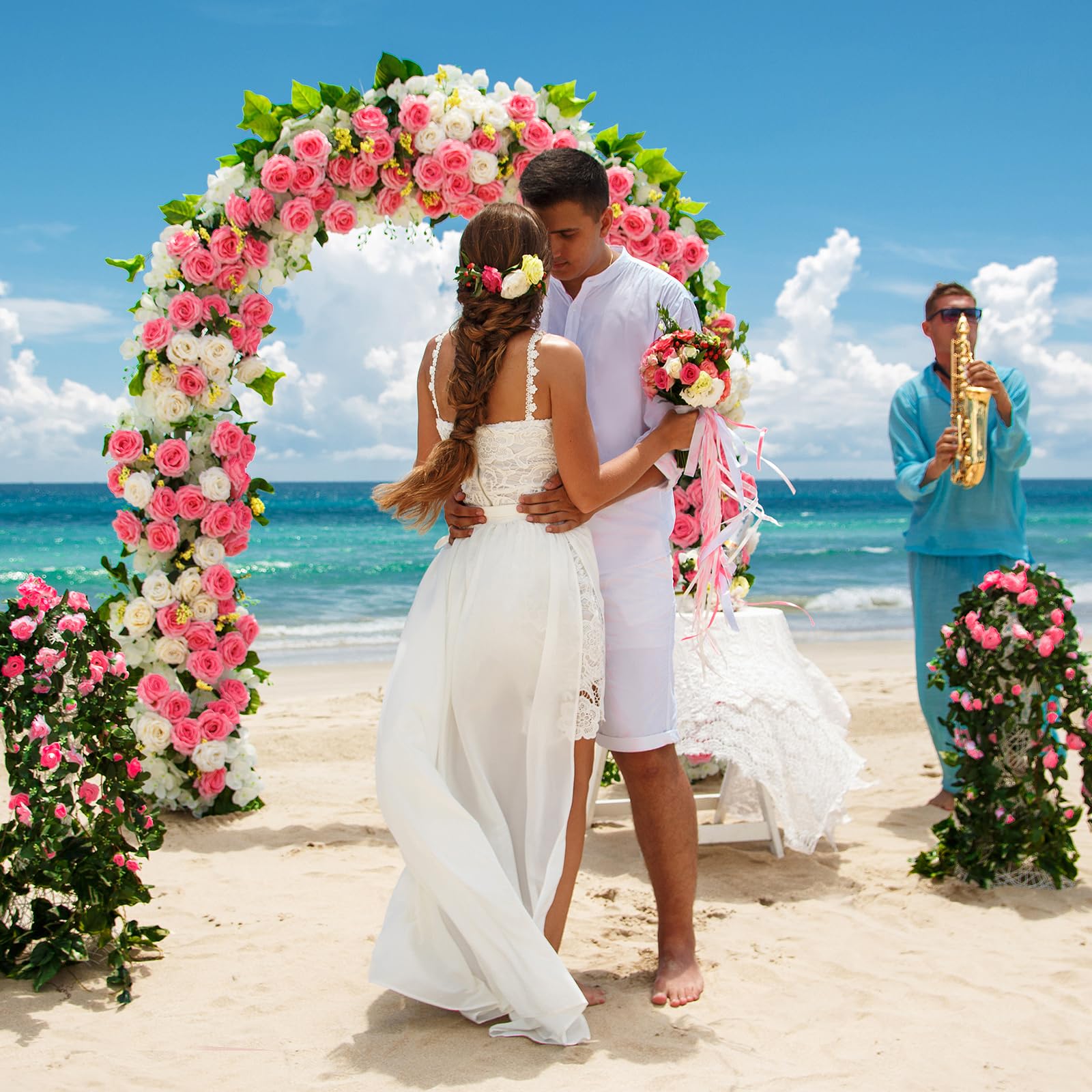 Fogein metal garden arch stand assembled wedding-ready demonstrates adjustable layout.