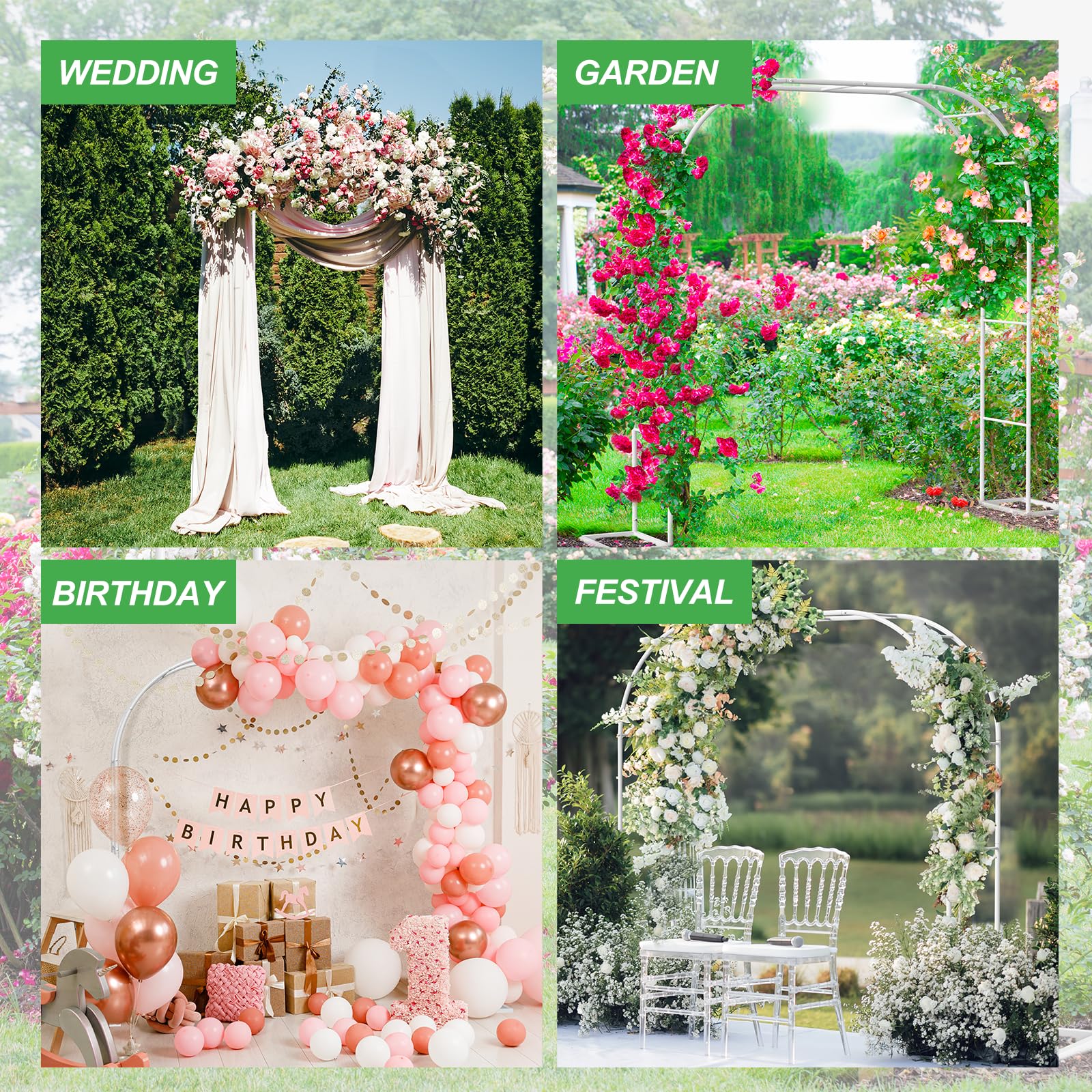 Fogein metal garden arch stand white finish complements classic weddings.