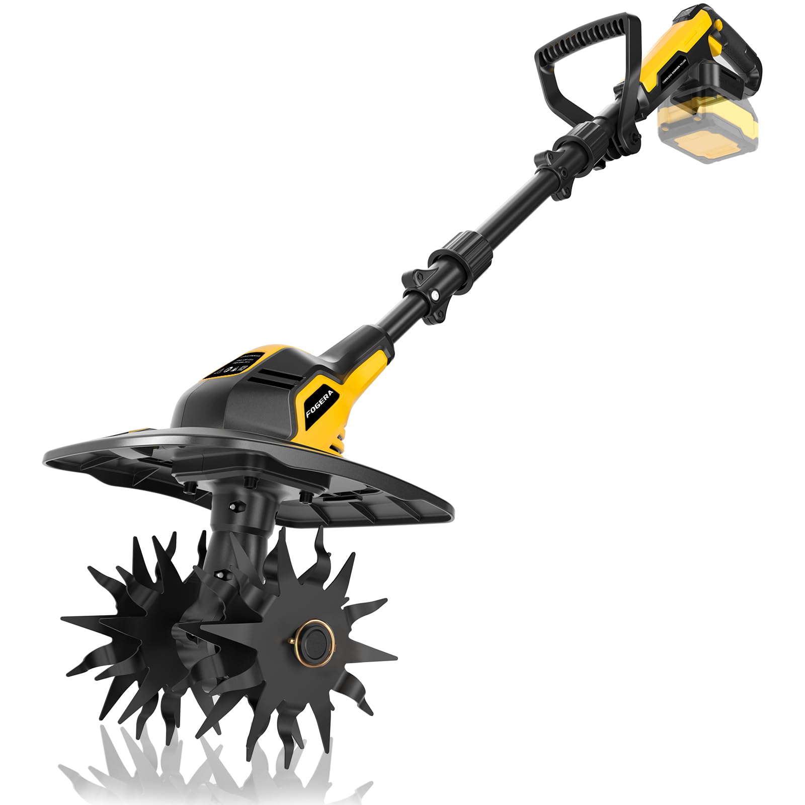 Fogera cordless tiller battery slot enables quick setup for garden tasks.