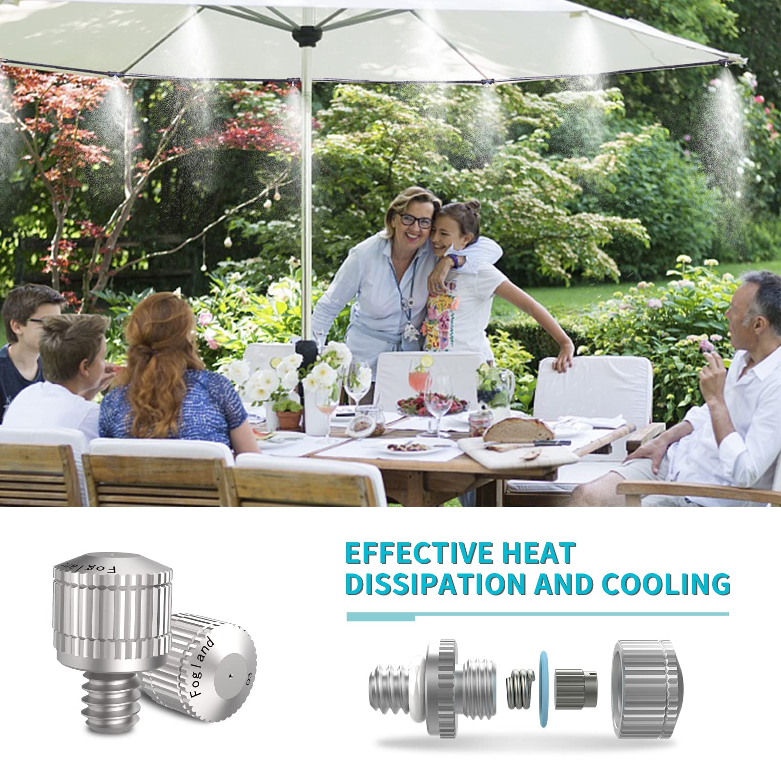 Fogland stainless steel nozzle highlights corrosion resistance for outdoor cooling.