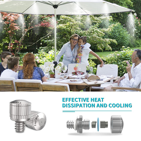 Fogland stainless steel nozzle highlights corrosion resistance for outdoor cooling.