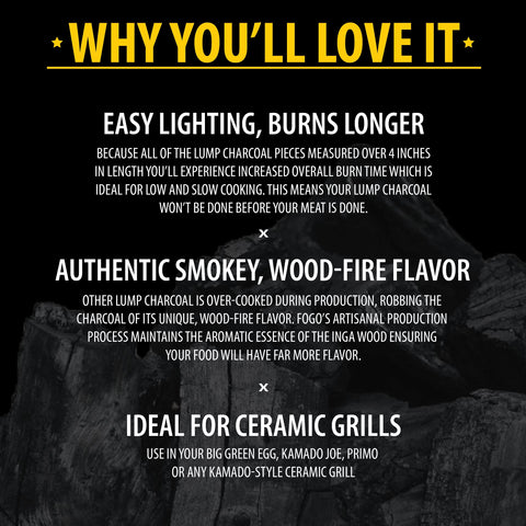FOGO sustainable hardwood charcoal promotes long burn and reduced refueling.