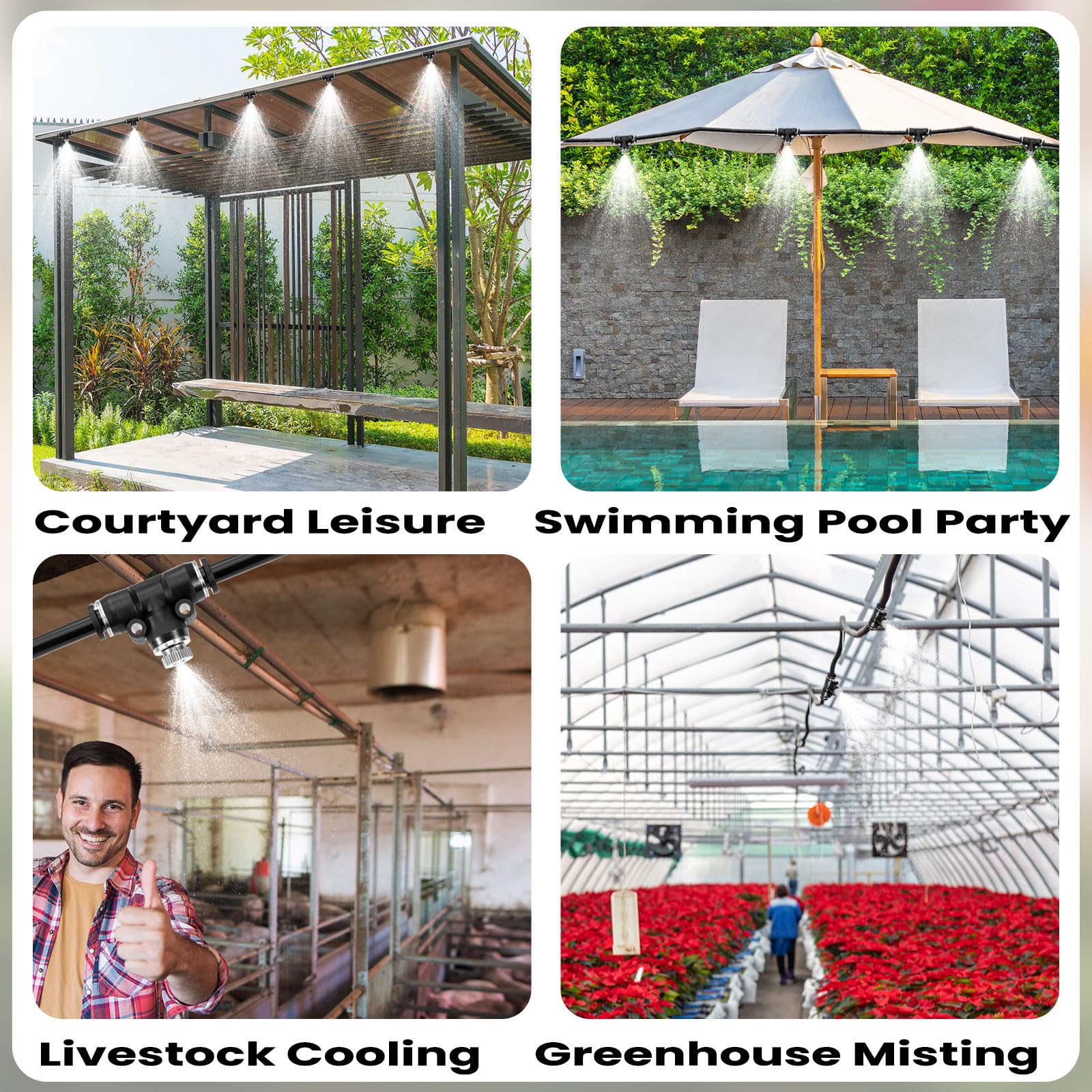 FOGWOWO pool area misting nozzles for refreshing outdoor space.