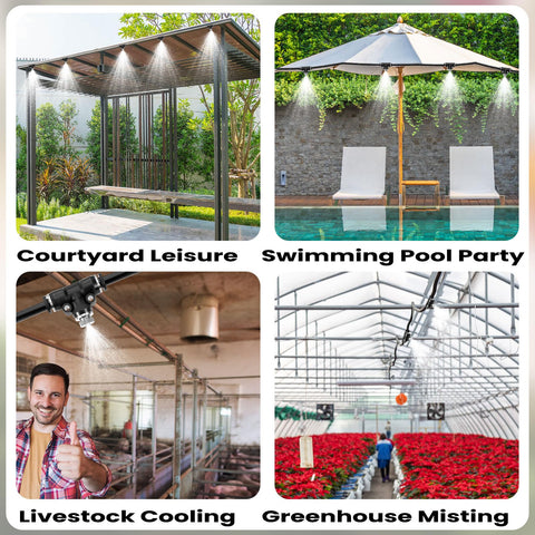 FOGWOWO pool area misting nozzles for refreshing outdoor space.