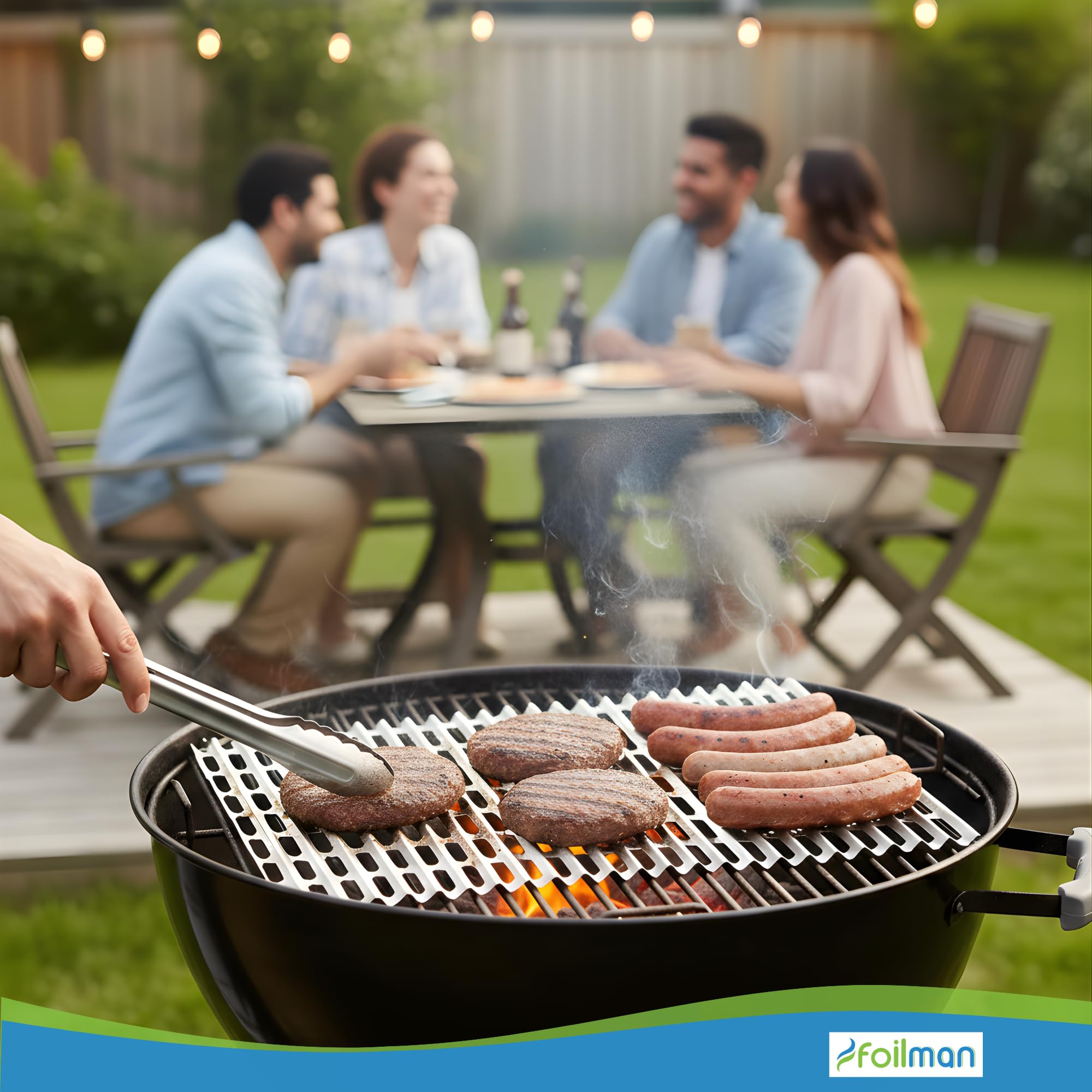Foilman disposable aluminum liner in use protects grill surface during barbecue.