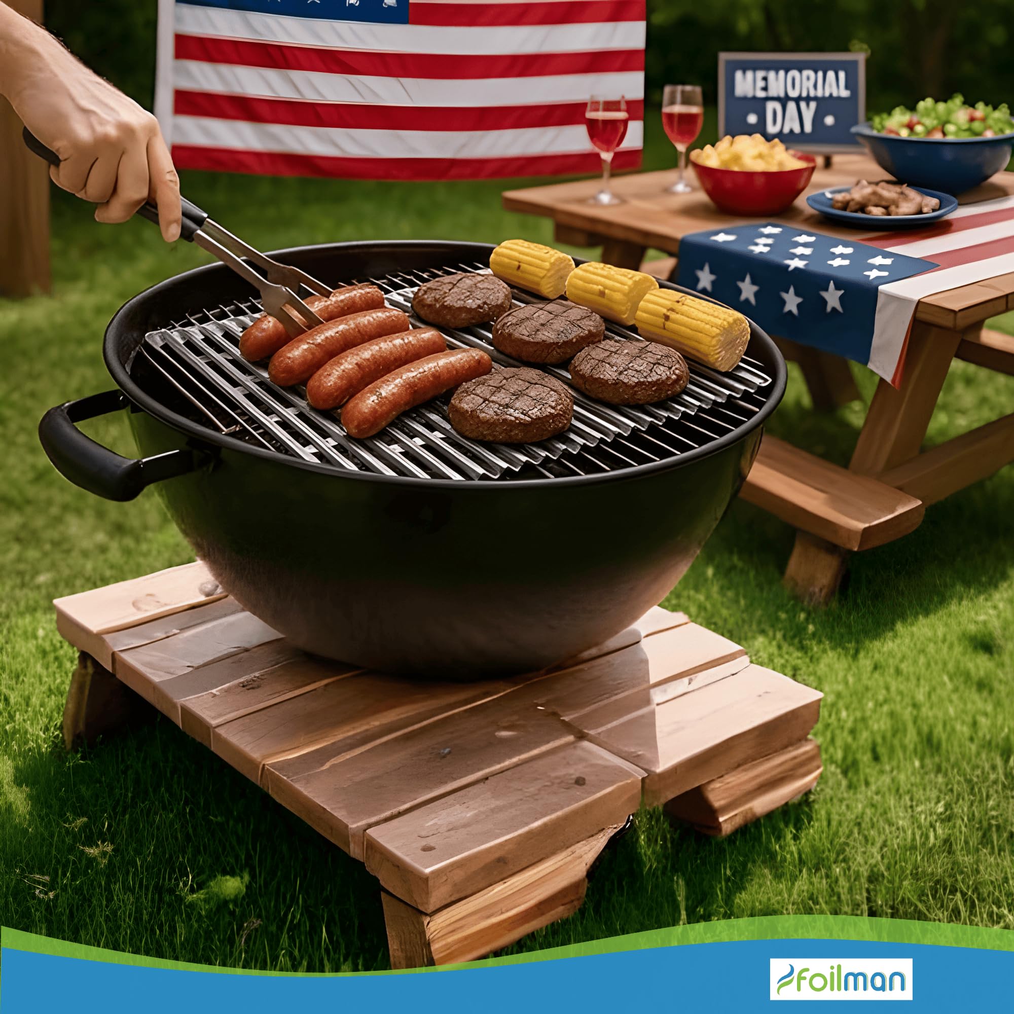 Foilman pack of 12 liners fits standard grills for gatherings.