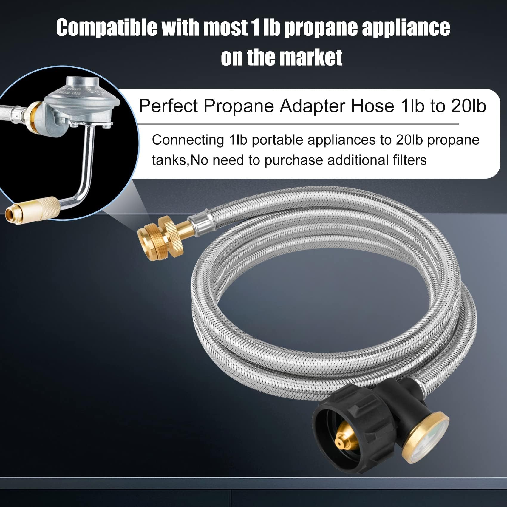 Foinwer hose kit with one-year warranty for camping and grilling.