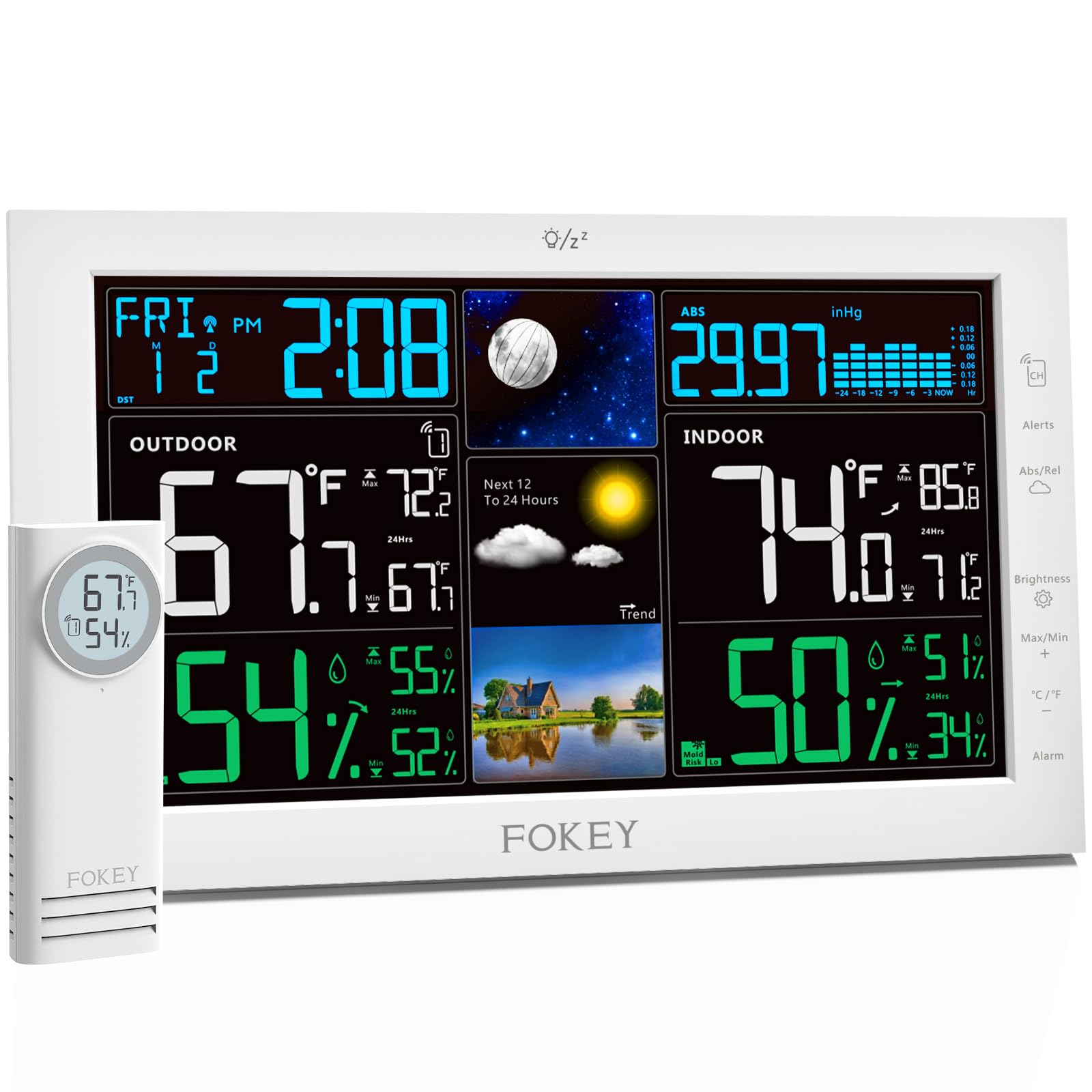 FOKEY weather station main unit display shows clear indoor and outdoor readings at a glance.