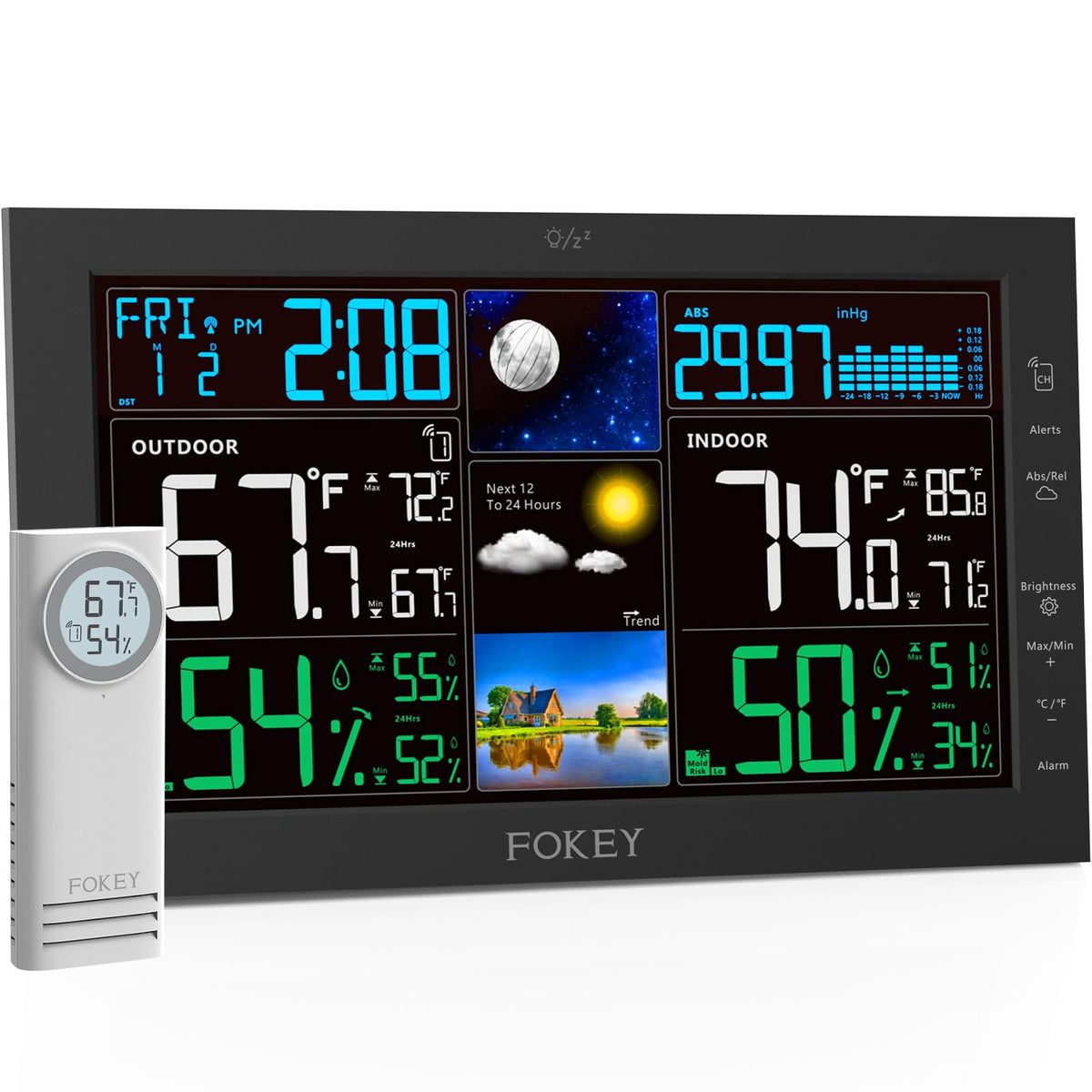 FOKEY weather station main unit with a large display for easy indoor and outdoor readings