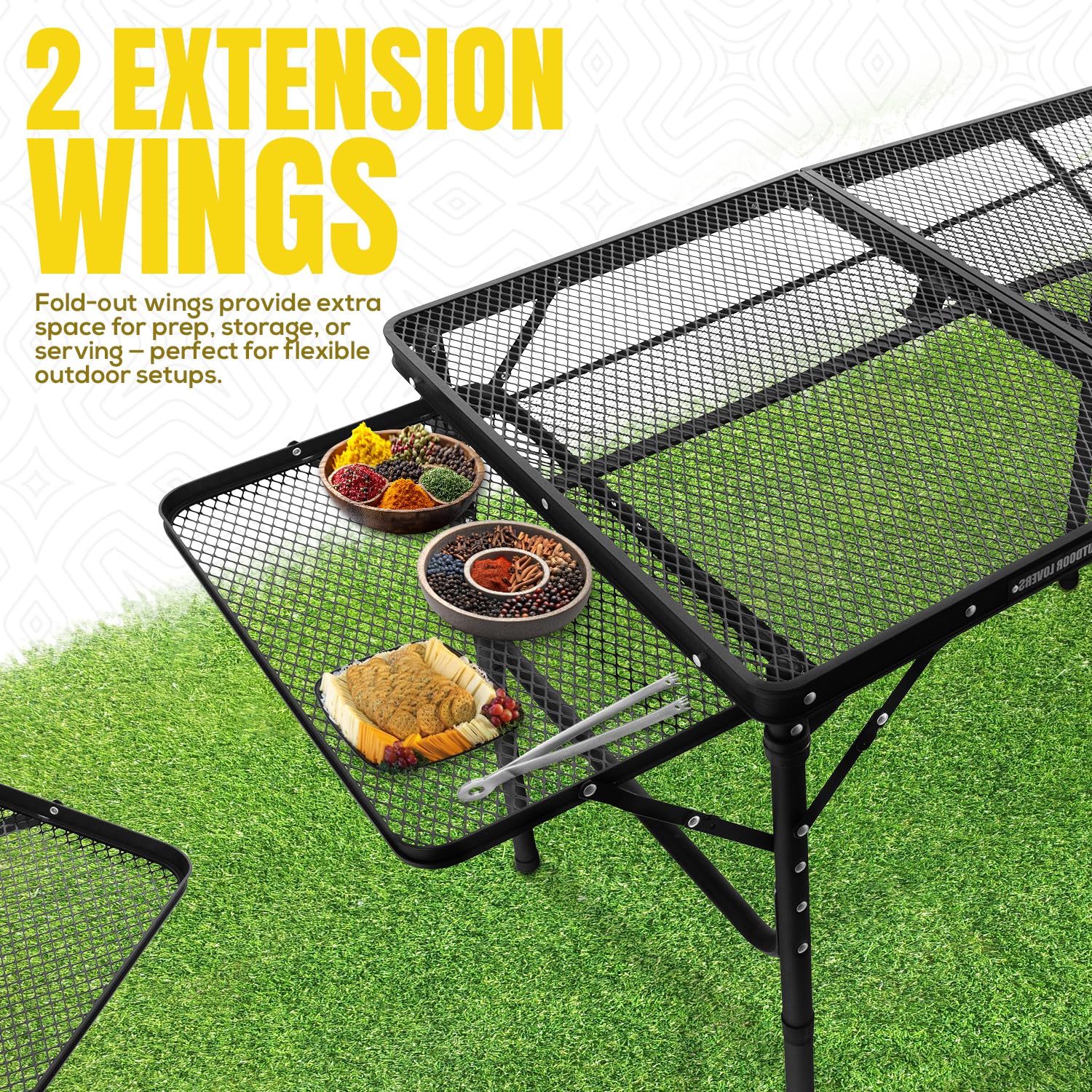 Folding grill table with boards ready for condiments and tools