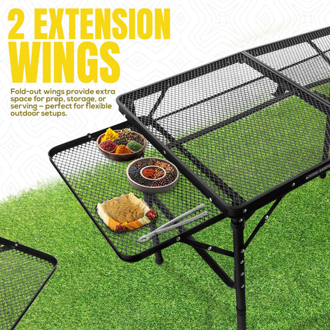 Folding grill table with boards ready for condiments and tools
