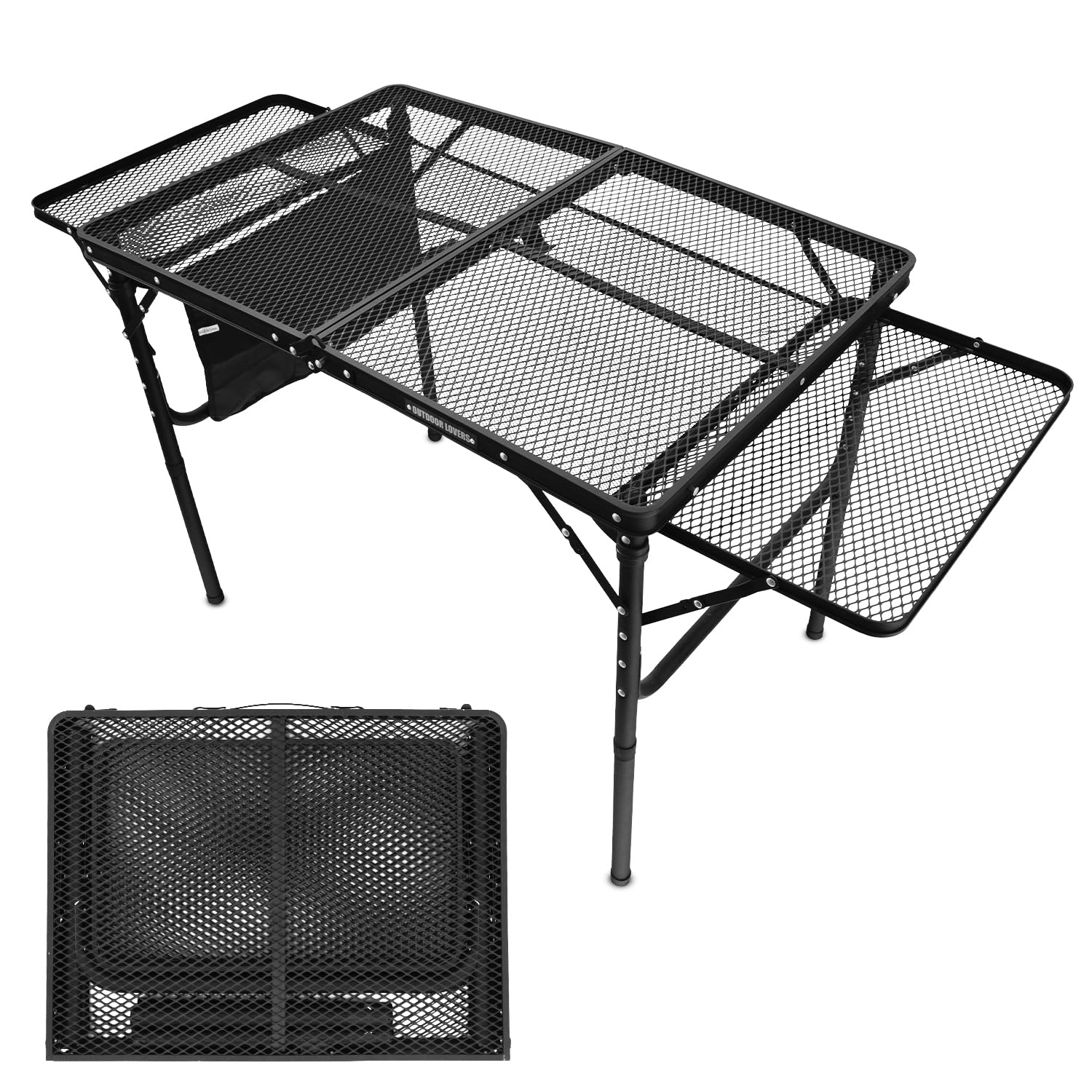 Folding grill table close-up showing extension boards and 88 lb capacity for stability