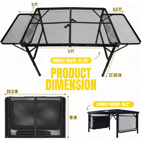 Folding grill table open layout with expanded workspace for utensils and condiments