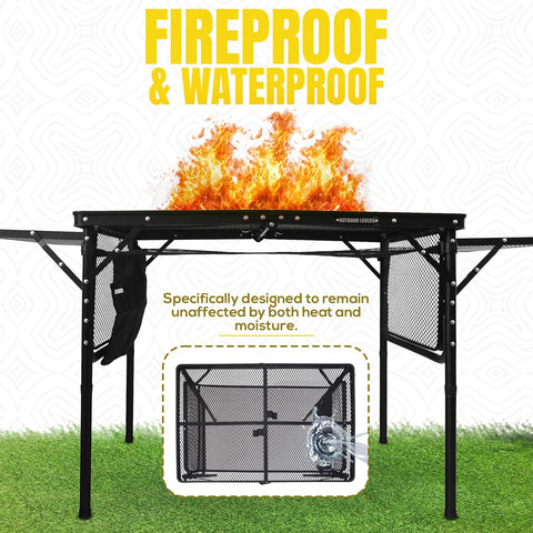 Folding grill table on an RV trip with quick setup and fold-down