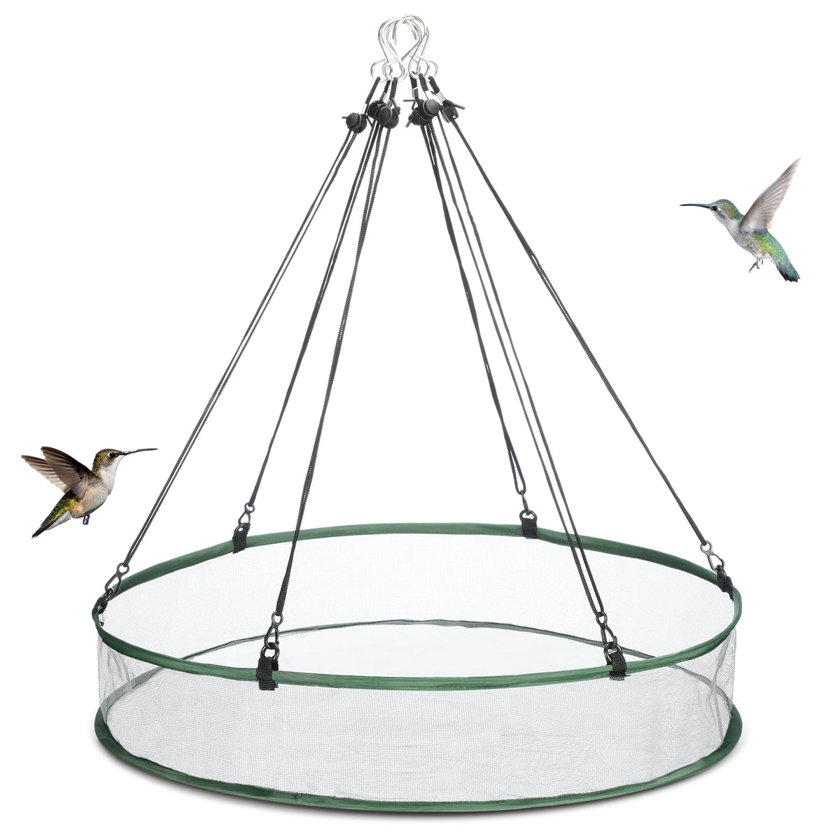 FoldTier bird seed catcher hoop in use, attracting multiple songbirds to a 24-inch feeder.