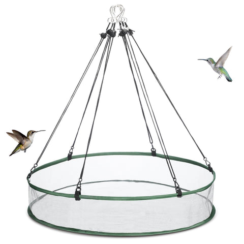FoldTier bird seed catcher hoop in use, attracting multiple songbirds to a 24-inch feeder.