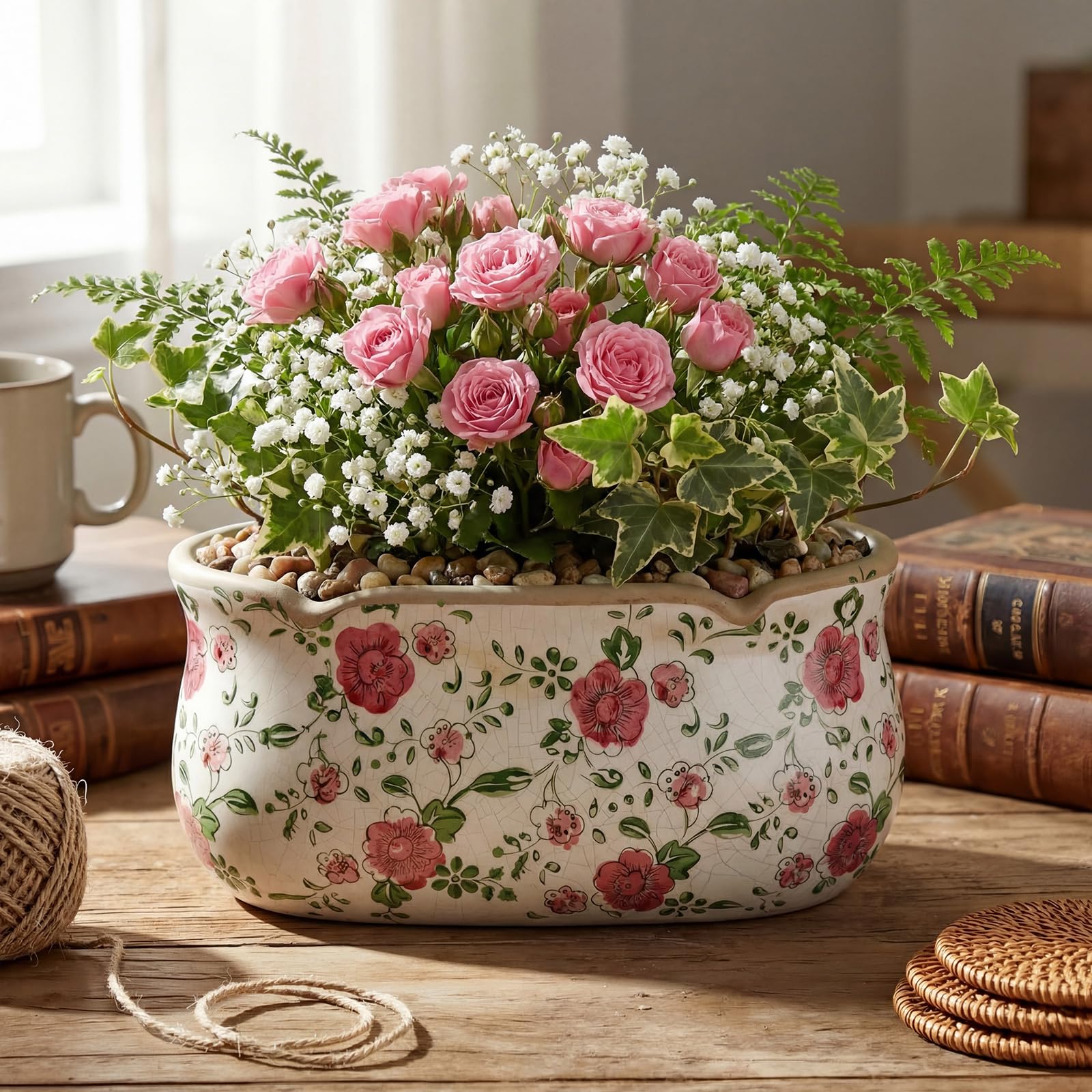 FoldTier farmhouse rose design planter adds romantic style to shelves or desks.