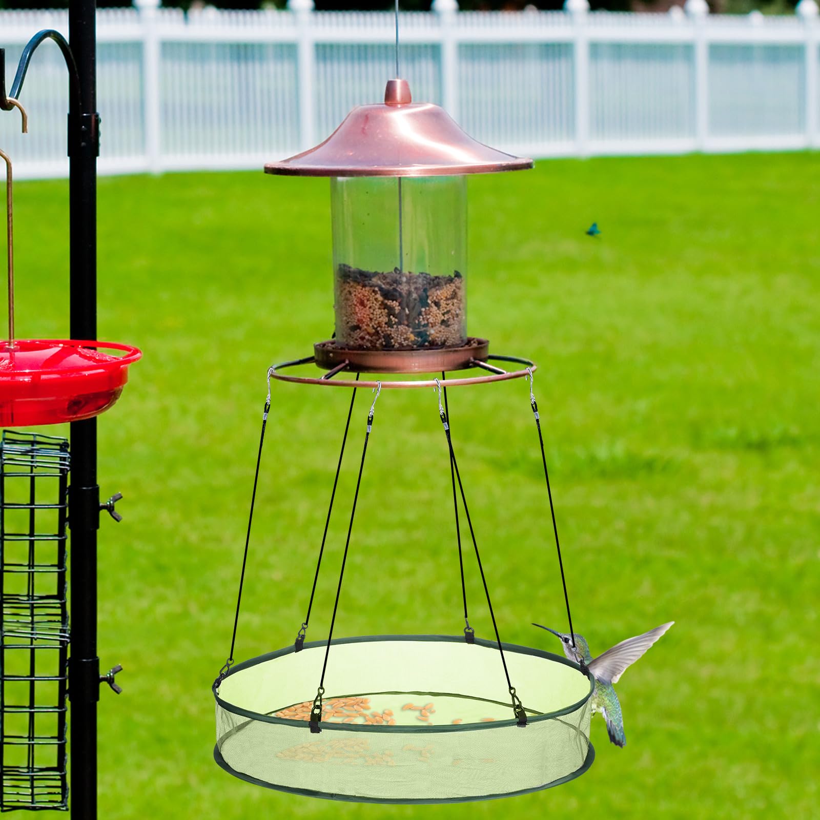 FoldTier sturdy fiberglass mesh with wire frame withstands weather while feeding birds.