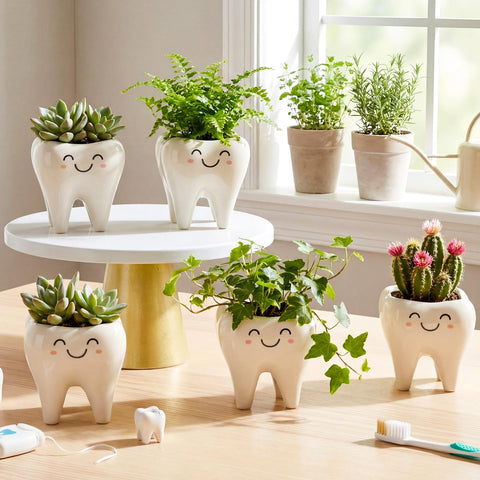 Tooth shaped pots holding tiny succulents for desk decor