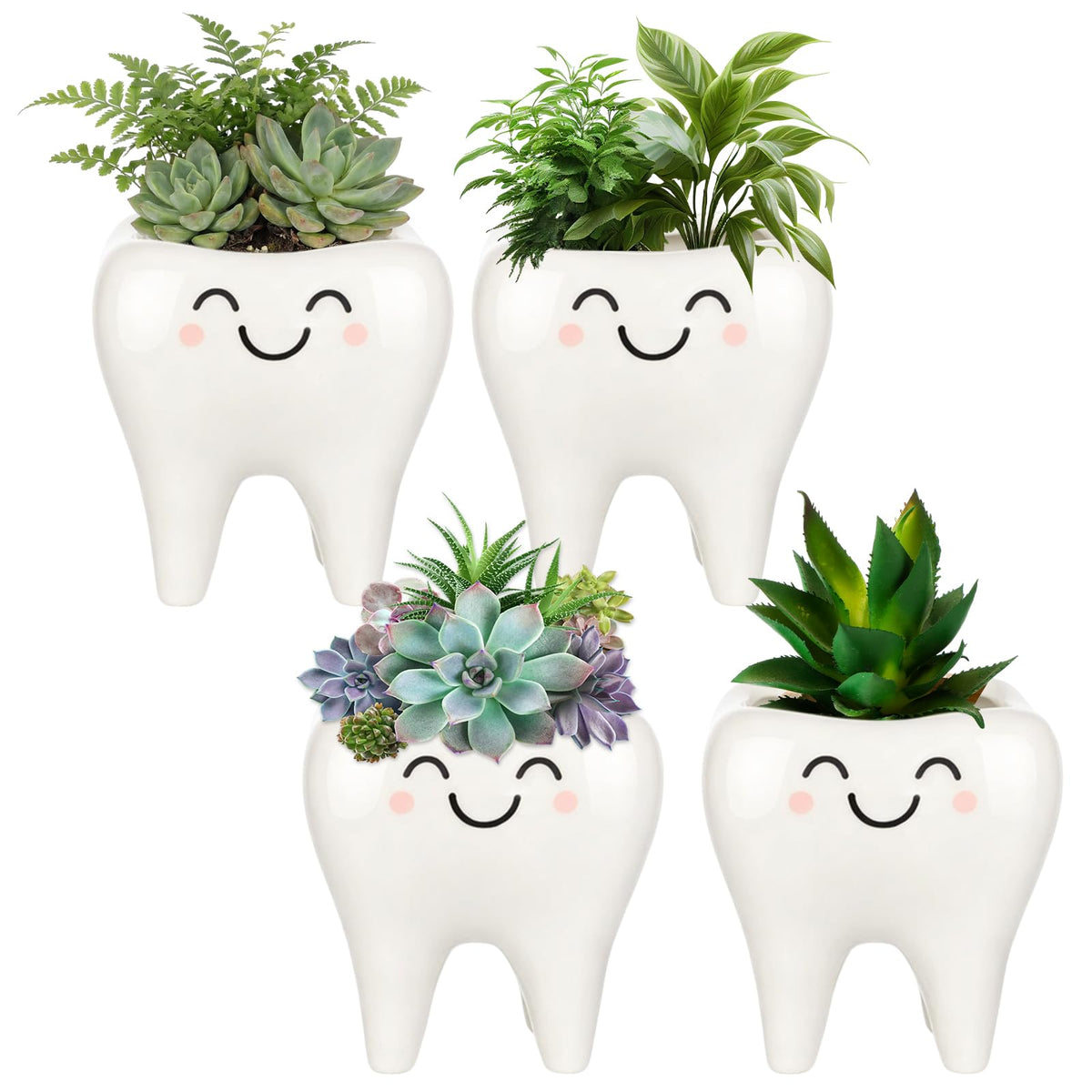 FoldTier tooth-shaped ceramic planter set with four succulent pots for modern office decor.