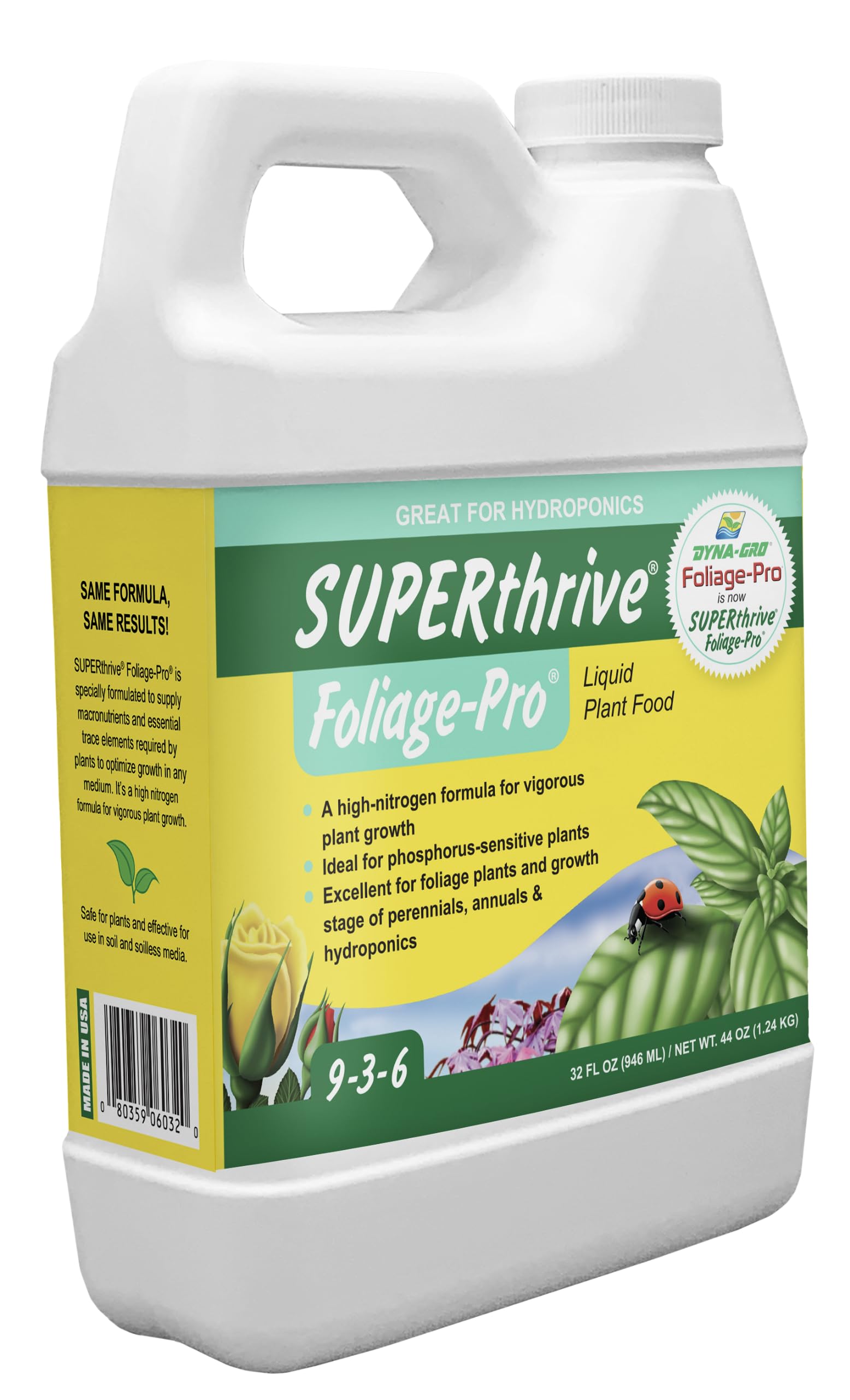 Foliage-Pro bottle front view highlights the 32 oz plant food bottle for vibrant growth.
