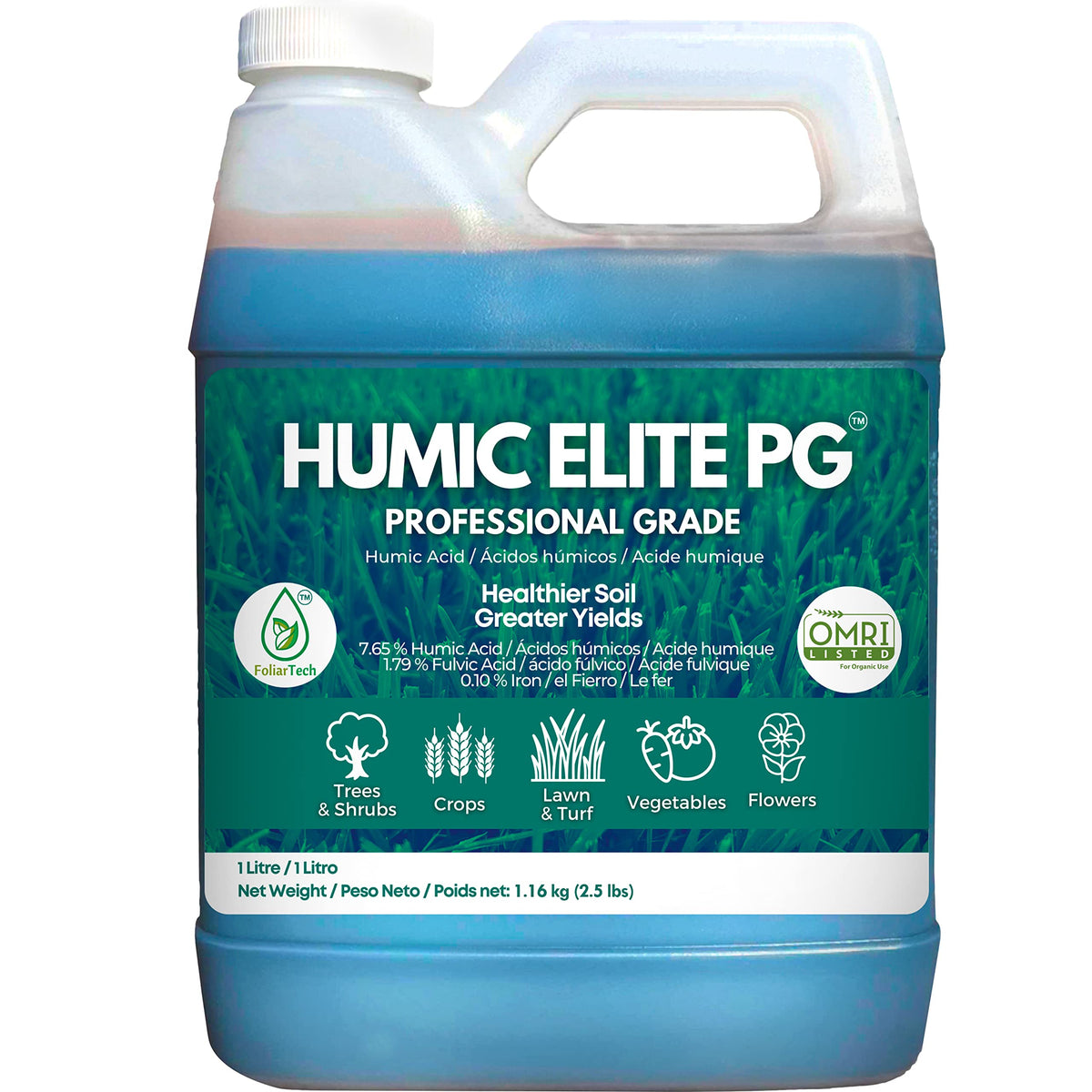 FoliarTech Humic Acid lawn fertilizer bottle close-up showing concentrated organic nutrients.