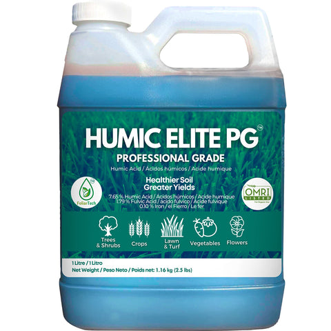 FoliarTech Humic Acid lawn fertilizer bottle close-up showing concentrated organic nutrients.