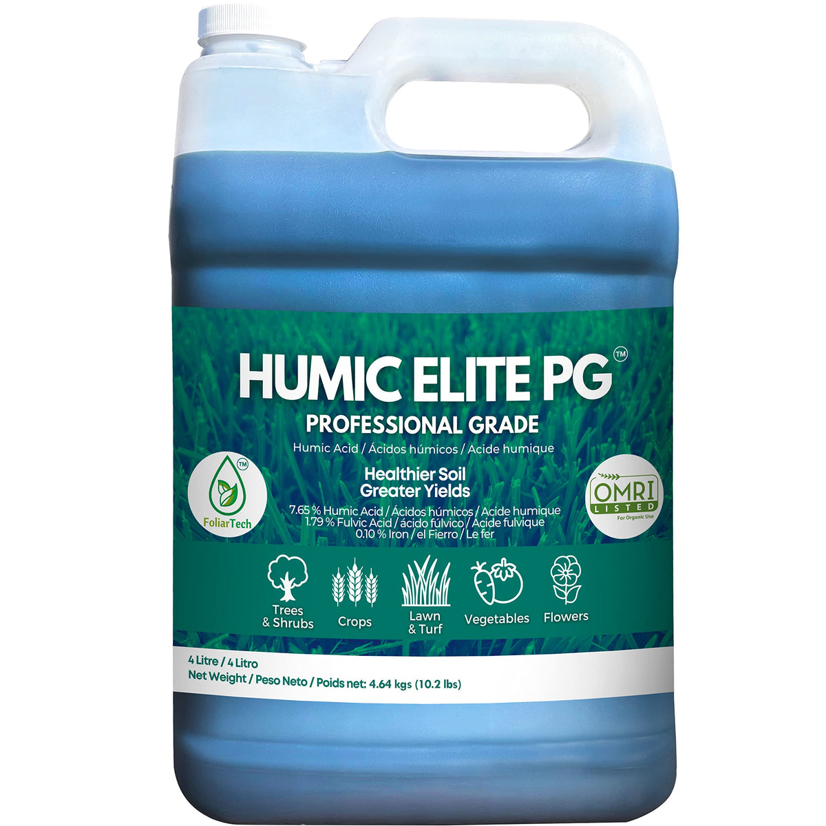 FoliarTech Humic Acid Fertilizer bottle for soil feeding and root development.