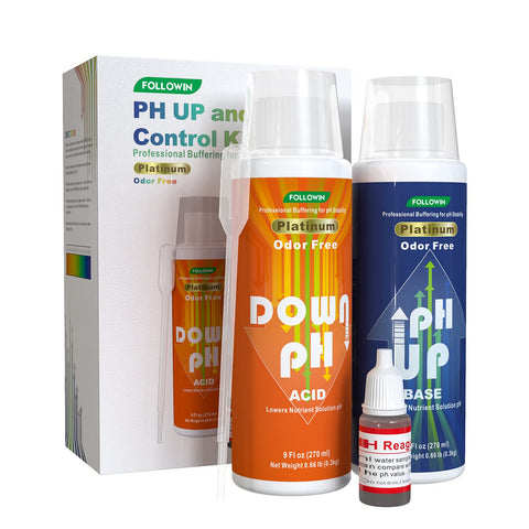 Followin pH Up bottle pour demonstrates precise dosing for hydroponics.