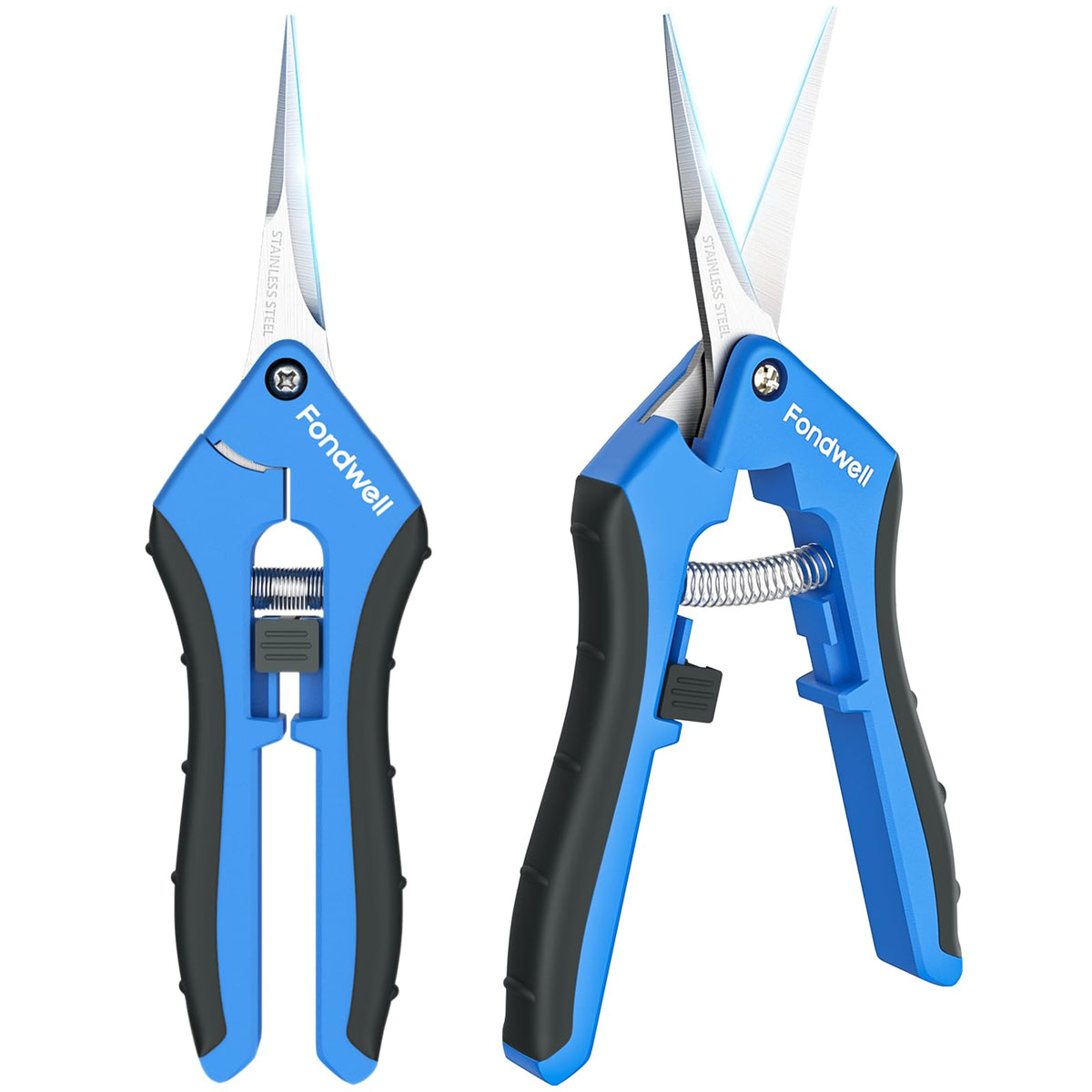 Fondwell pruning shears 6.5-inch blade close-up highlighting sharp stainless steel blades for precise cuts.
