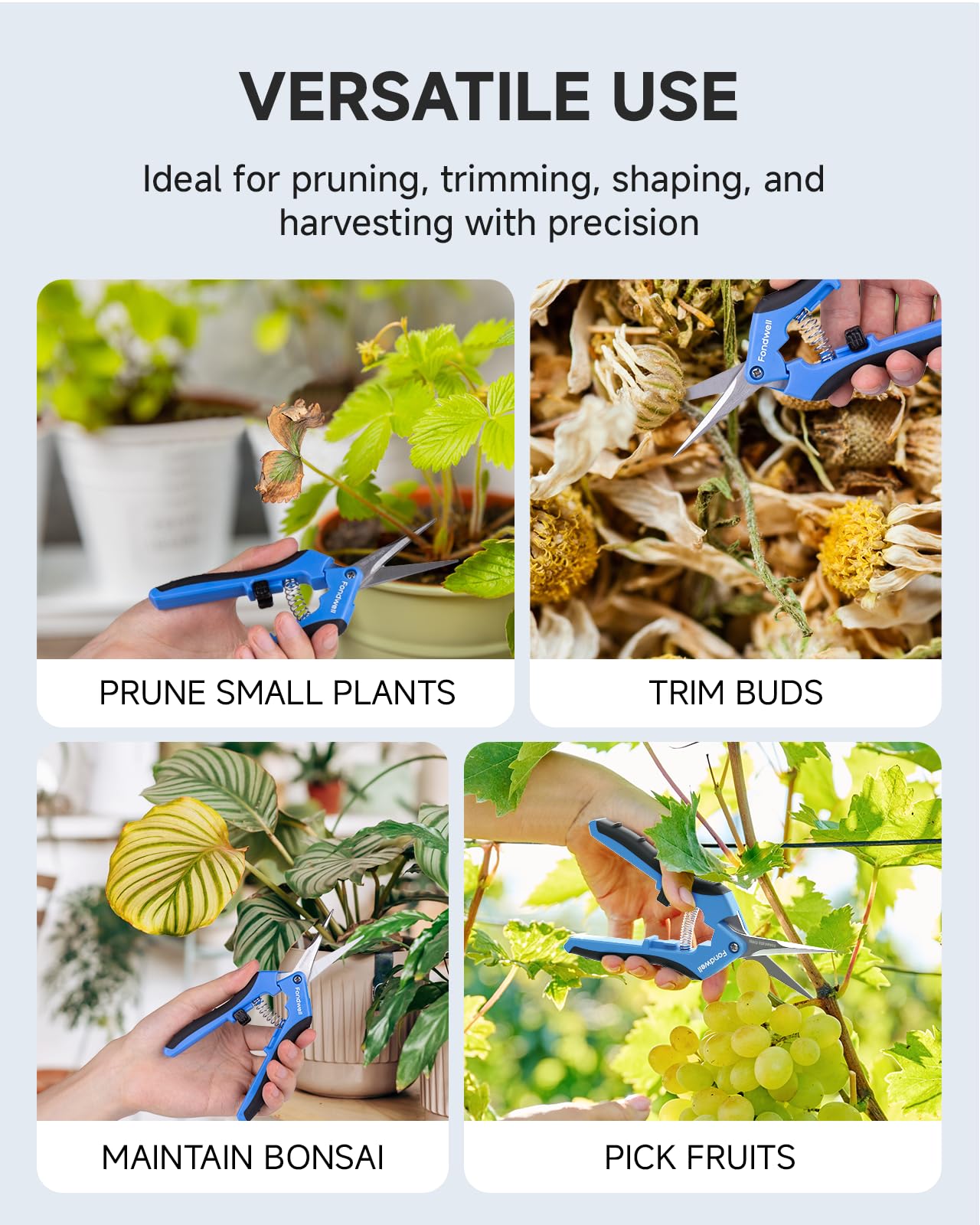 Fondwell pruning shears 6.5-inch ergonomic handle close-up demonstrates comfortable grip for reduced fatigue.