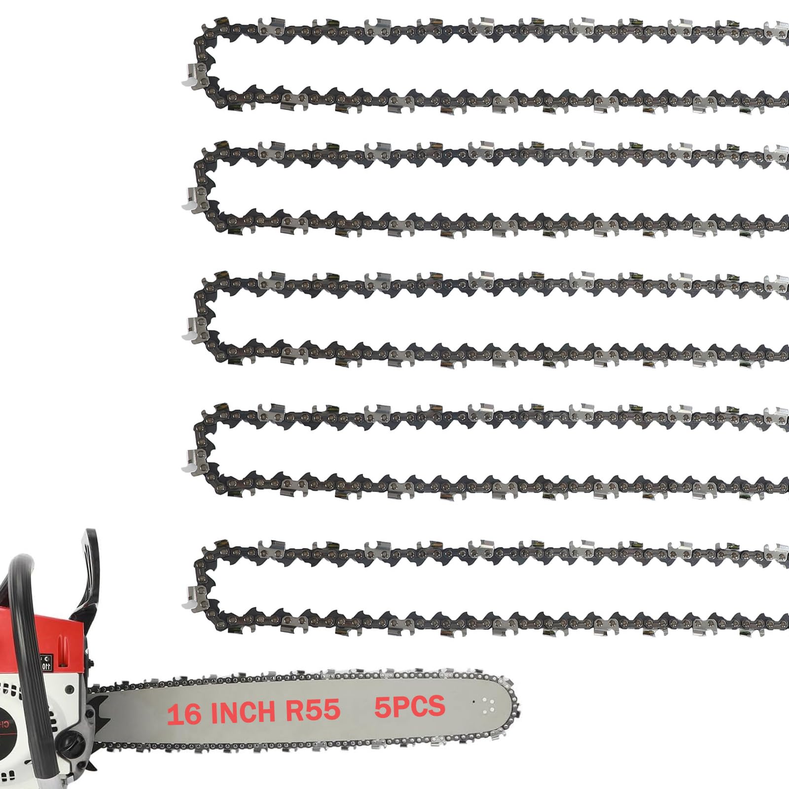 FONLOYEN 5-pack 16in chainsaw chain pack shot highlighting durability for steady cutting