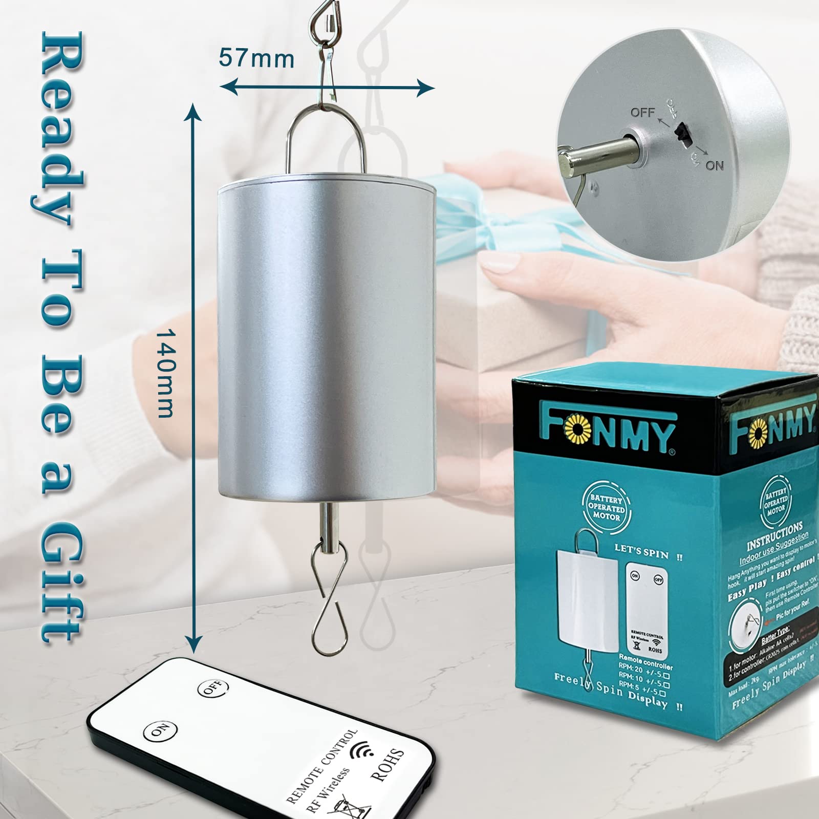 FONMY battery-operated rotator delivering gentle 20 RPM motion for wind spinners.
