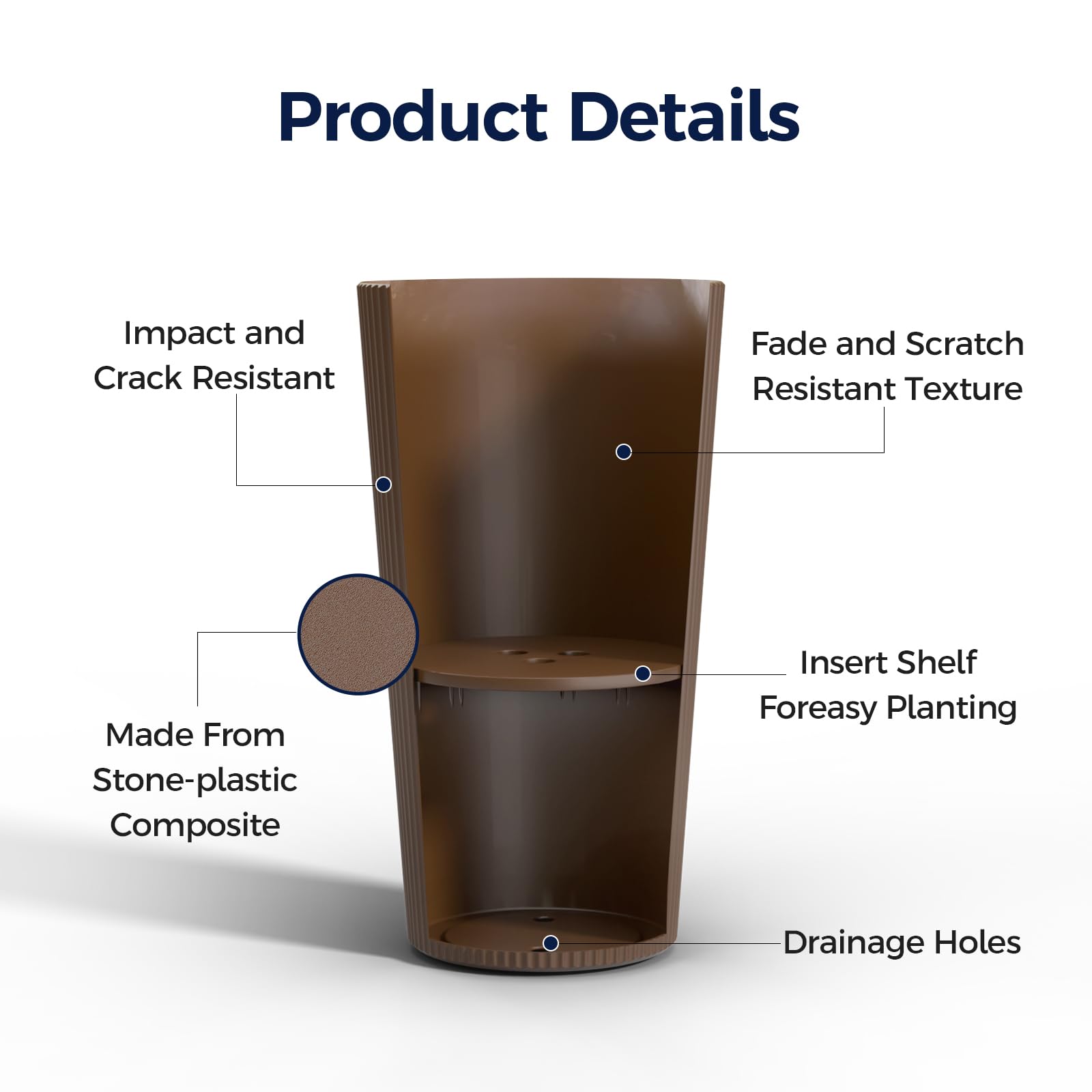 Fontoi 23.6-inch striped brown planter closeup, durable UV-resistant plastic.