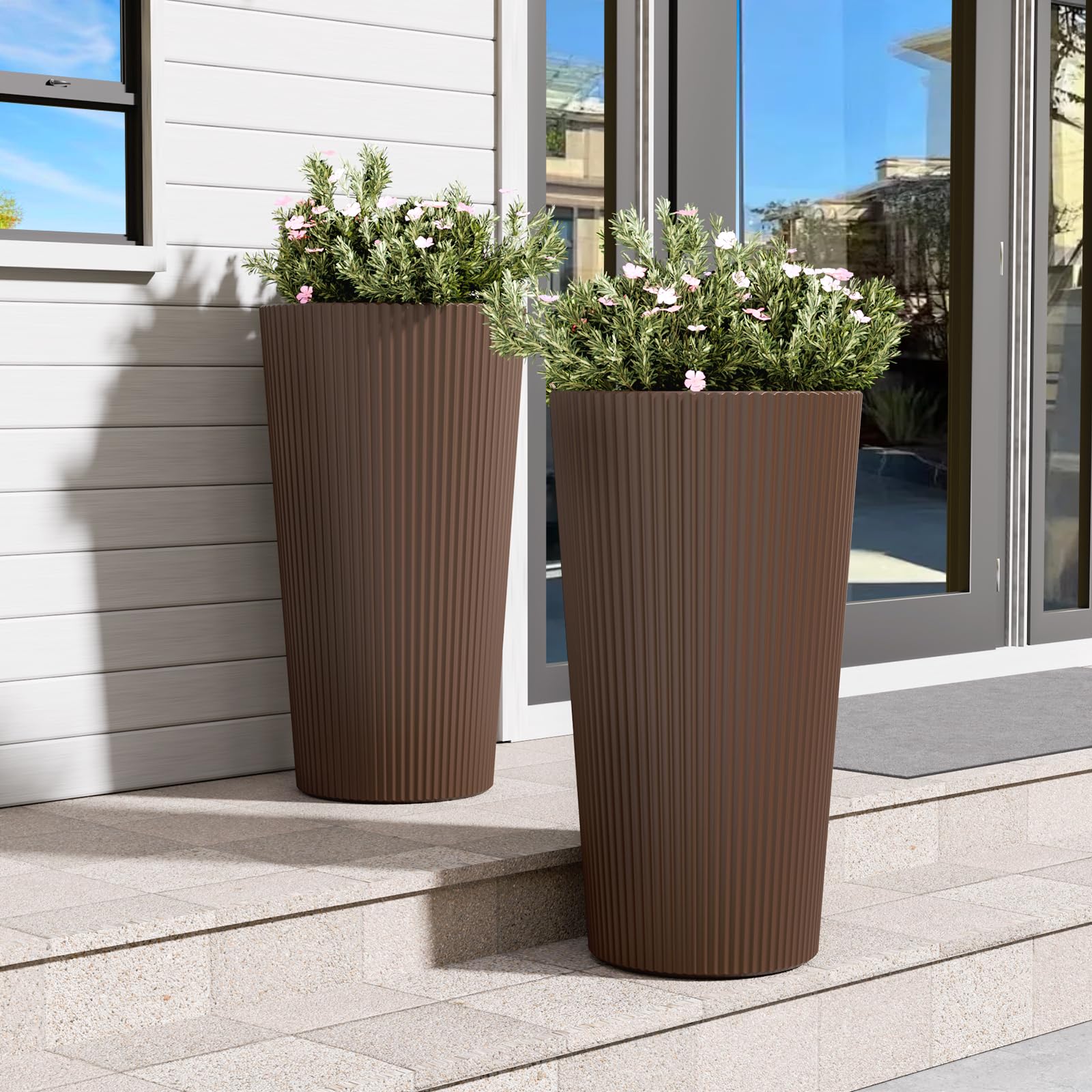 Fontoi 23.6-inch striped brown planter, front view, ideal for tall plants.